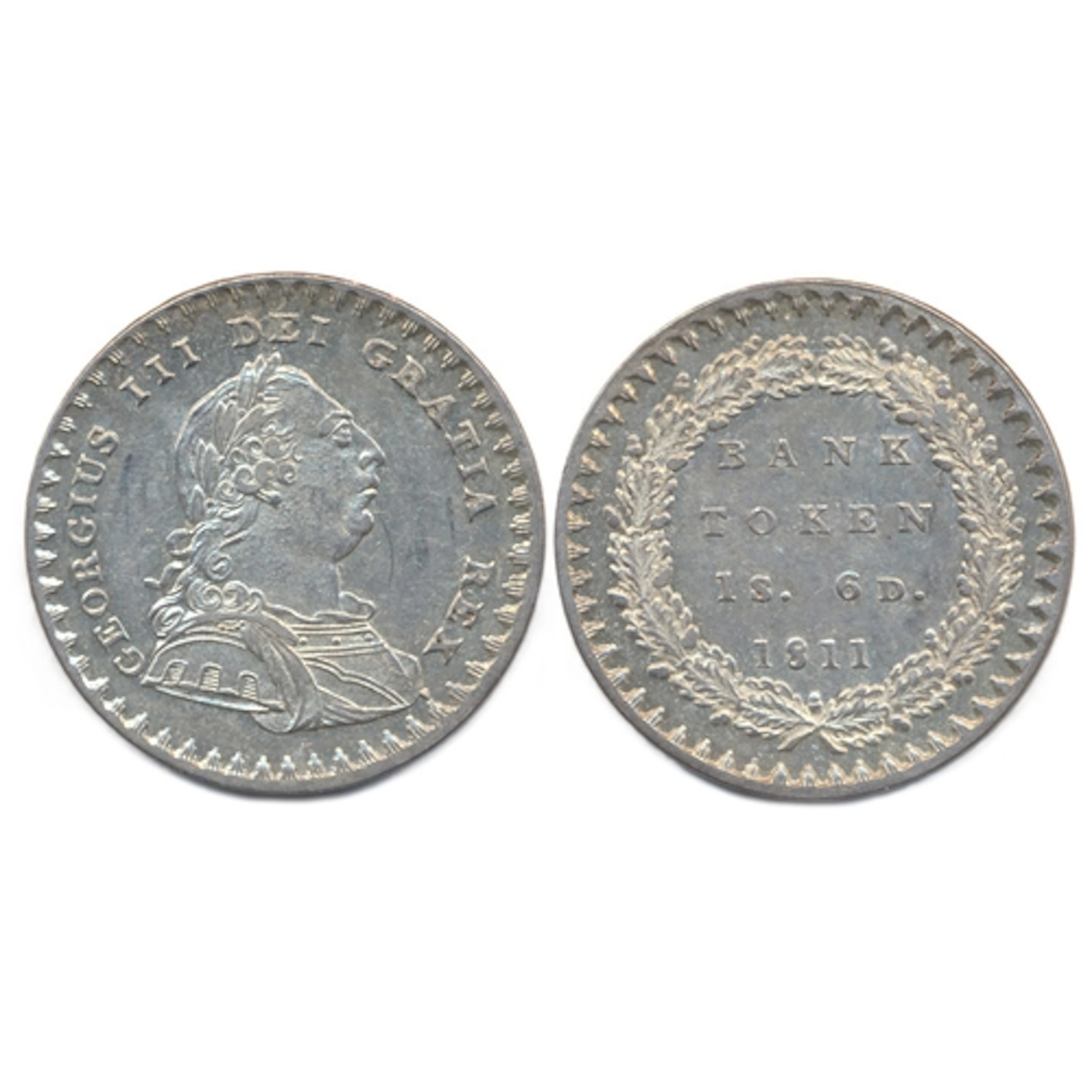 1811 eighteenpence bank token, draped and laureate bust faci...