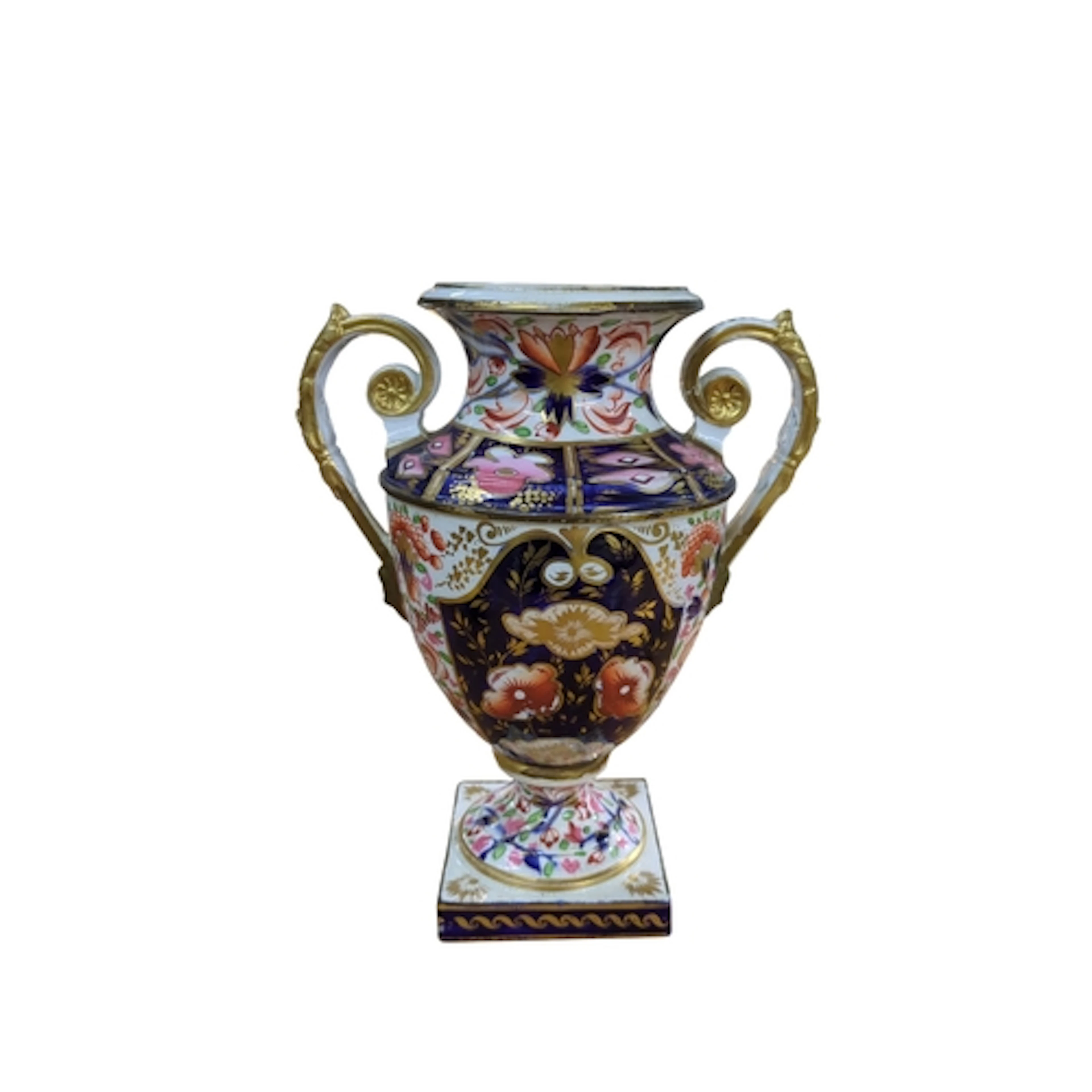 Porcelain campana vase with twin gilt scroll handles, painte...