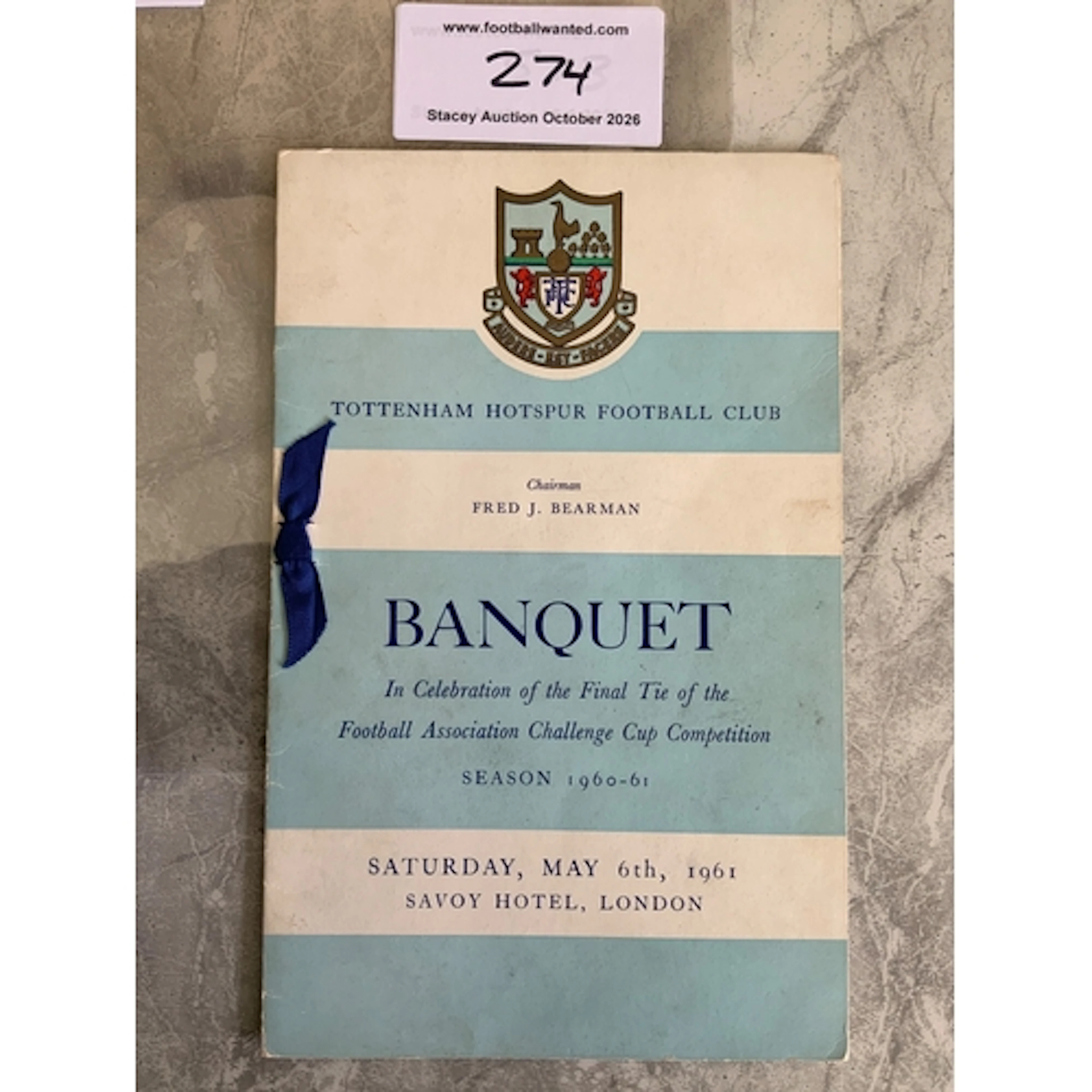 Tottenham 60/61 FA Cup Final Football Menu: Held in London t...