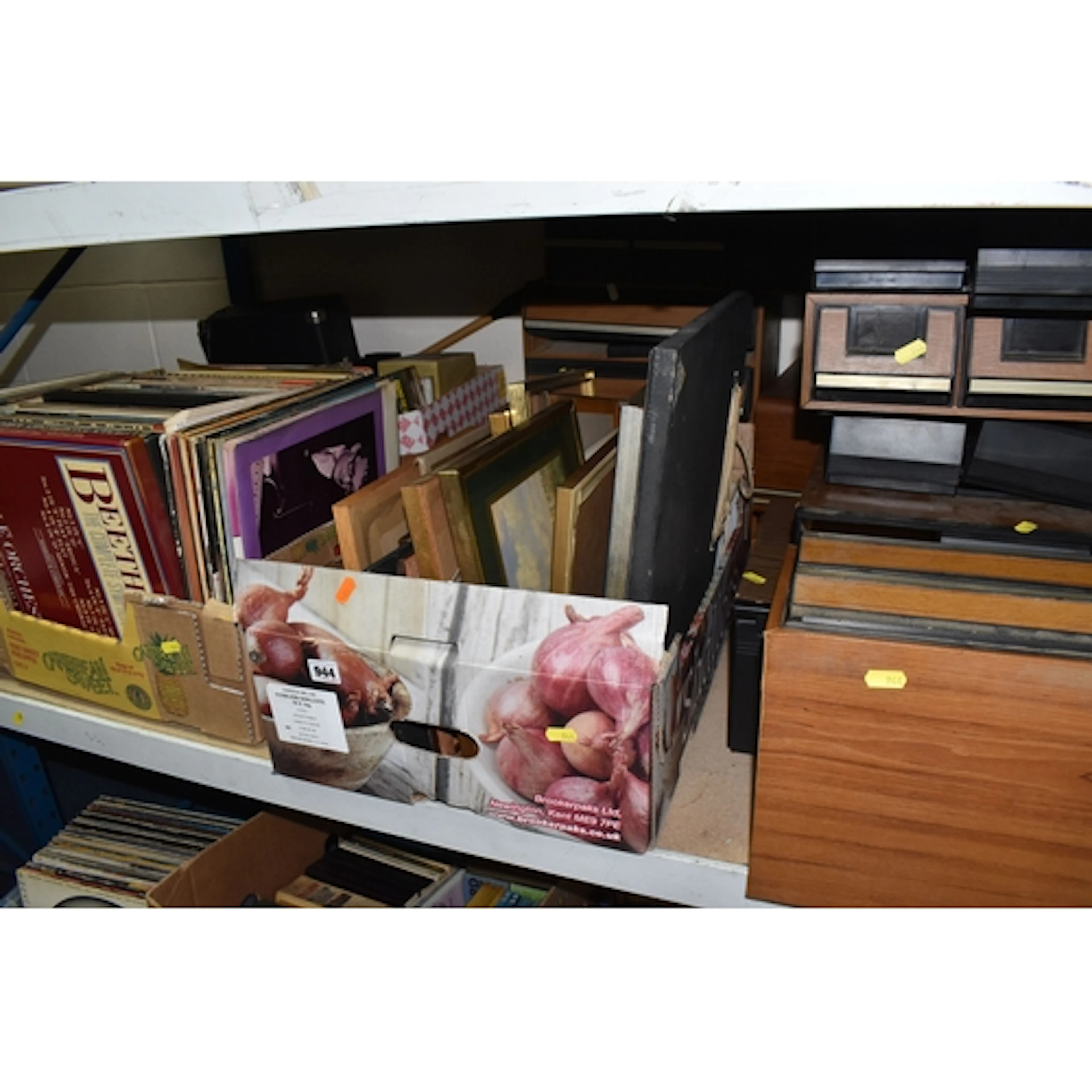 THREE BOXES AND LOOSE RECORDS, TAPE CASES, FRAMES ETC to inc...