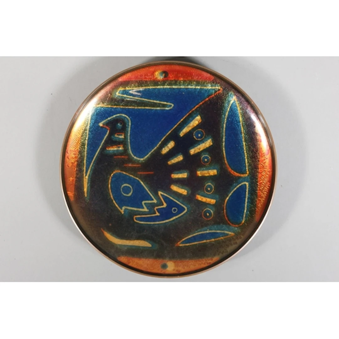 Mid Century Norwegian enamel on bronze plate of a dove, desi...