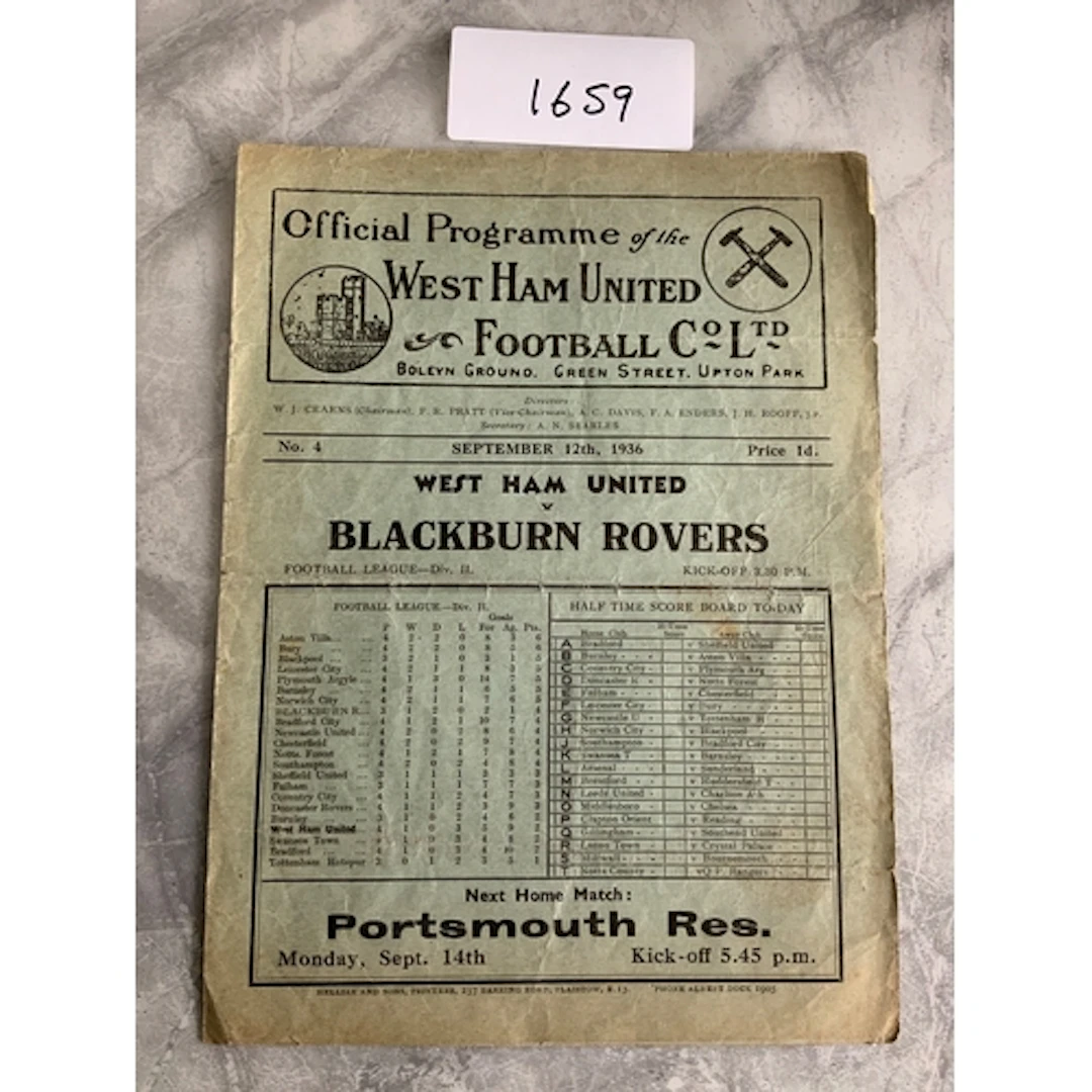 36/37 West Ham v Blackburn Football Programme: Fair/good con...