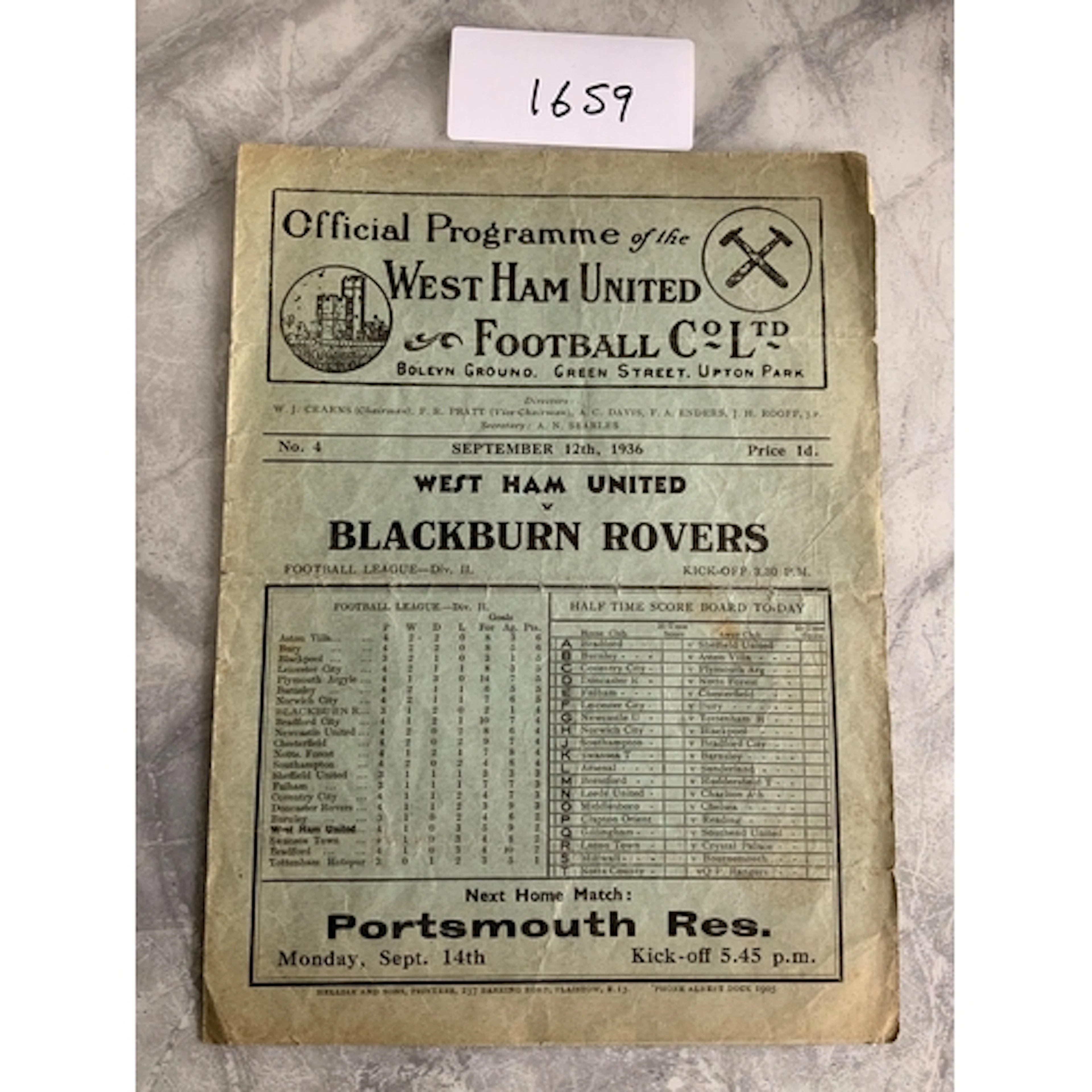 36/37 West Ham v Blackburn Football Programme: Fair/good con...