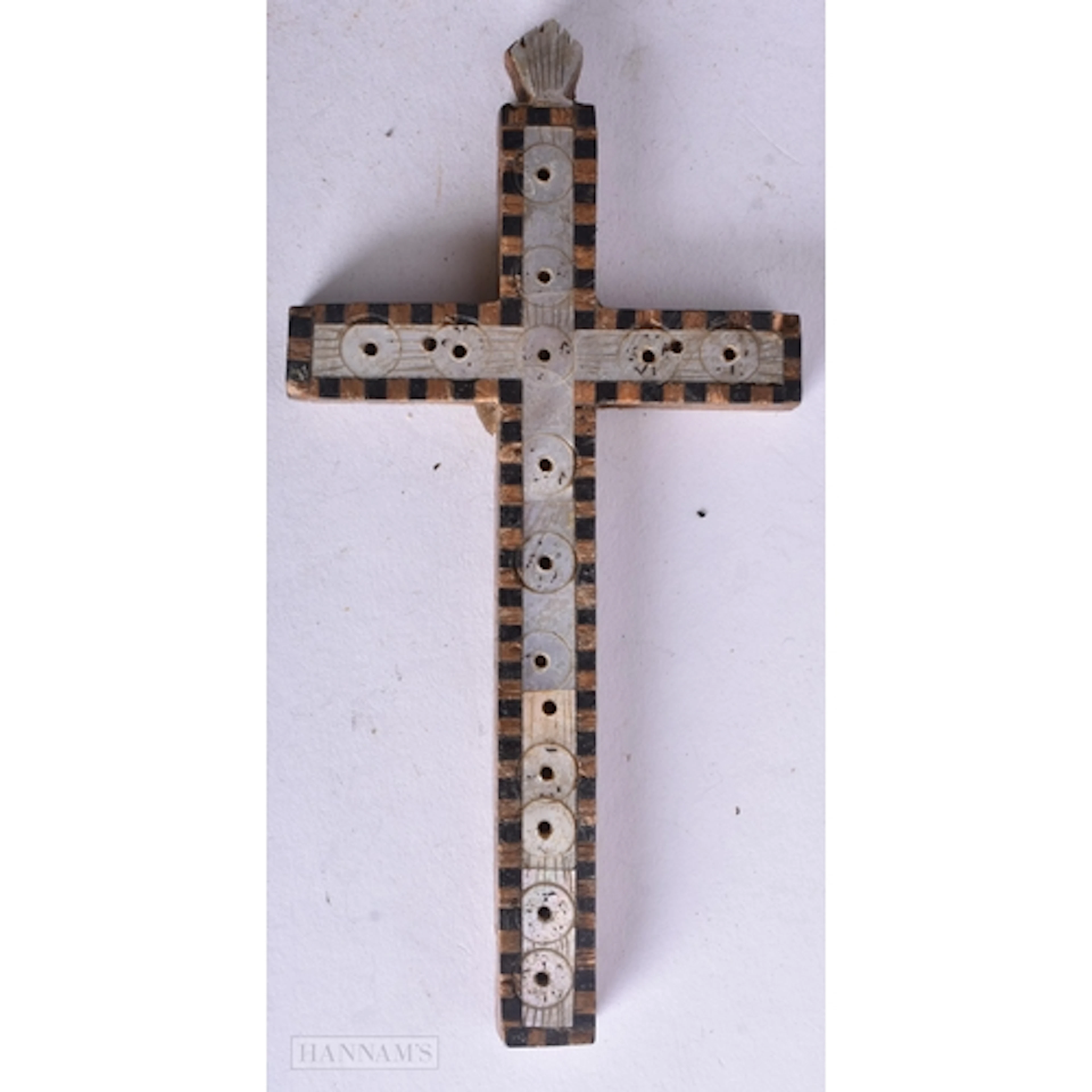 AN ANTIQUE MOTHER OF PEARL JERUSALEM WOOD CROSS. 13.5 cm x 6...