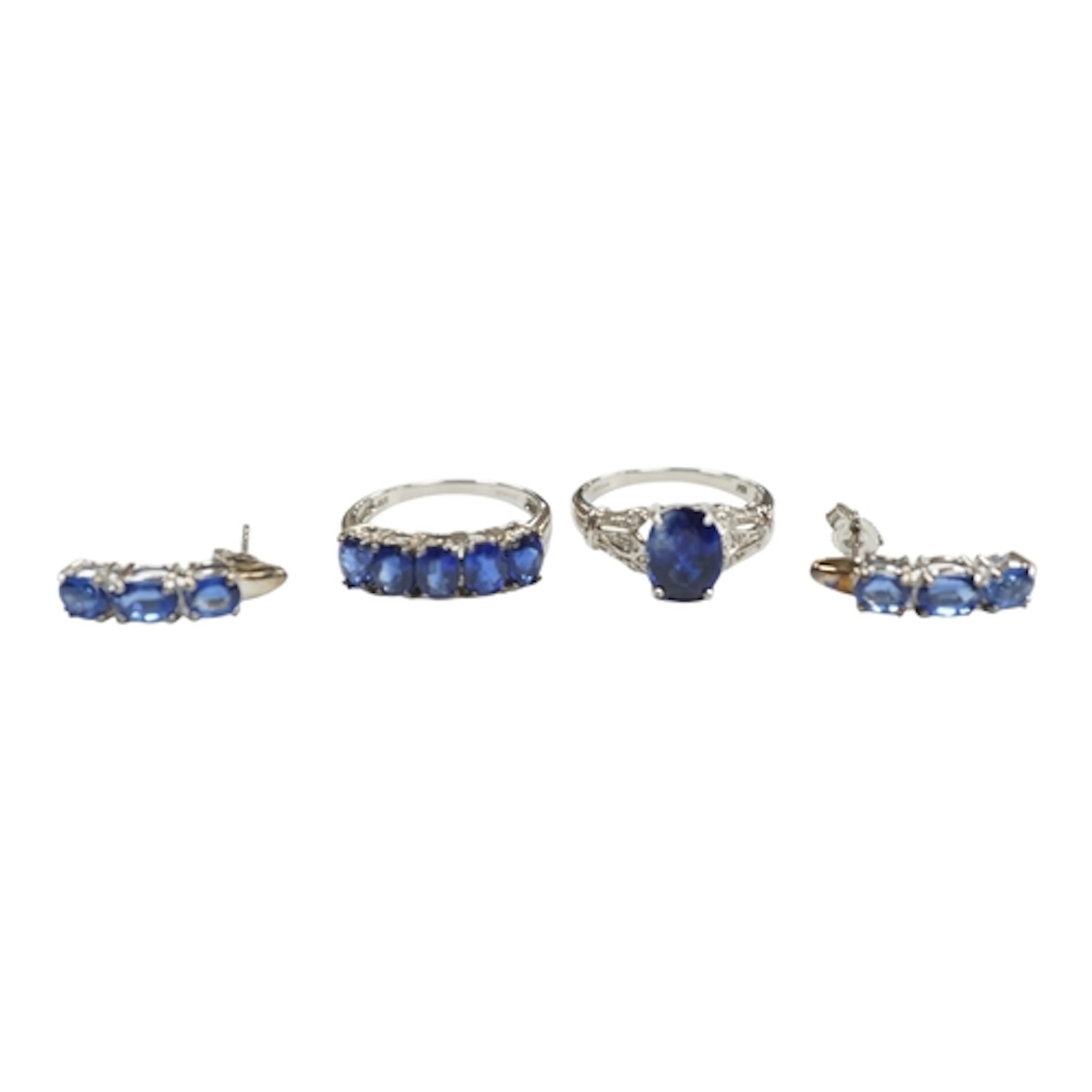 Two recent 9ct white gold and kyanite rings including a five...