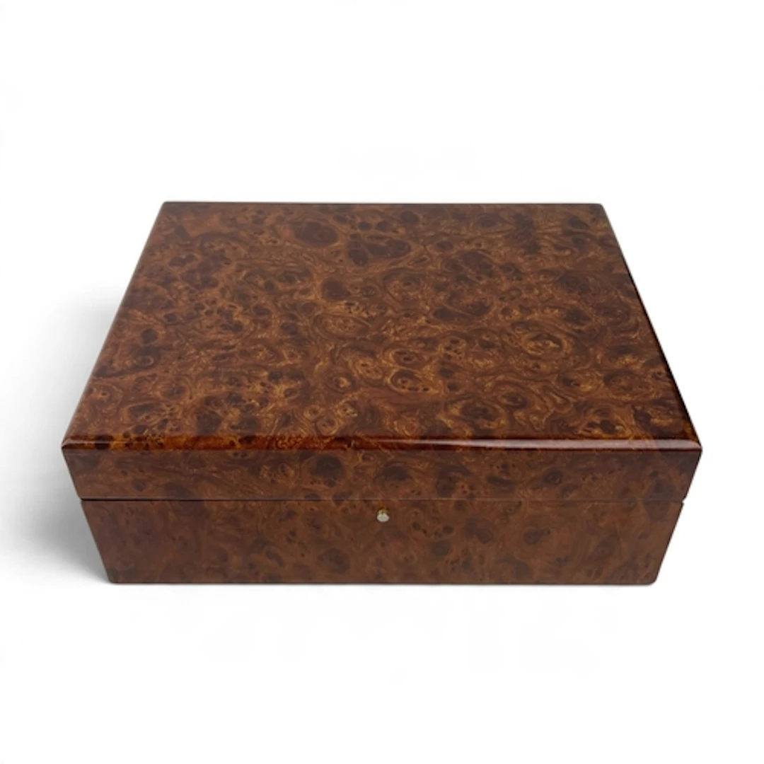 A BURR HUMIDOR 30cm x 23cm x 11cm