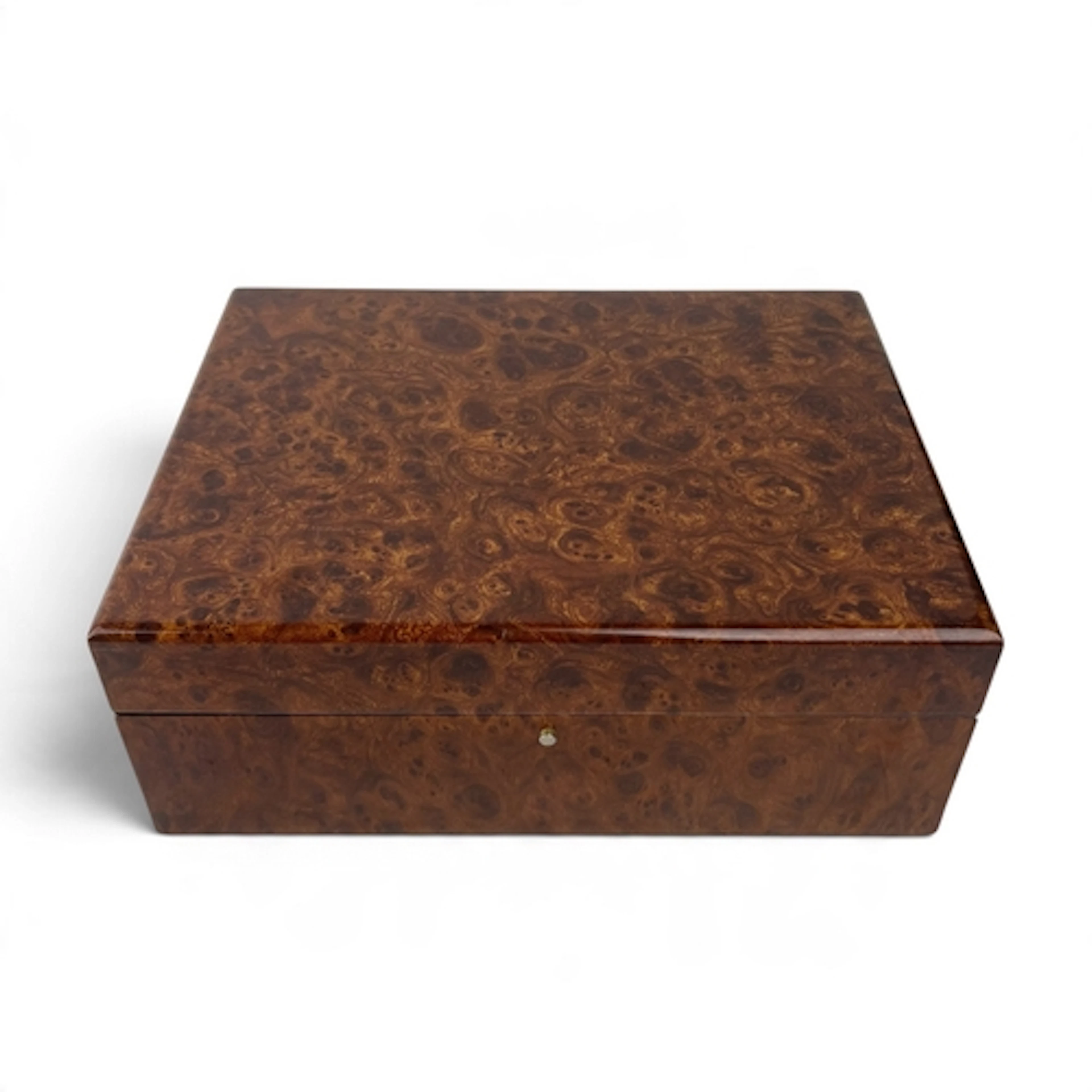 A BURR HUMIDOR 30cm x 23cm x 11cm