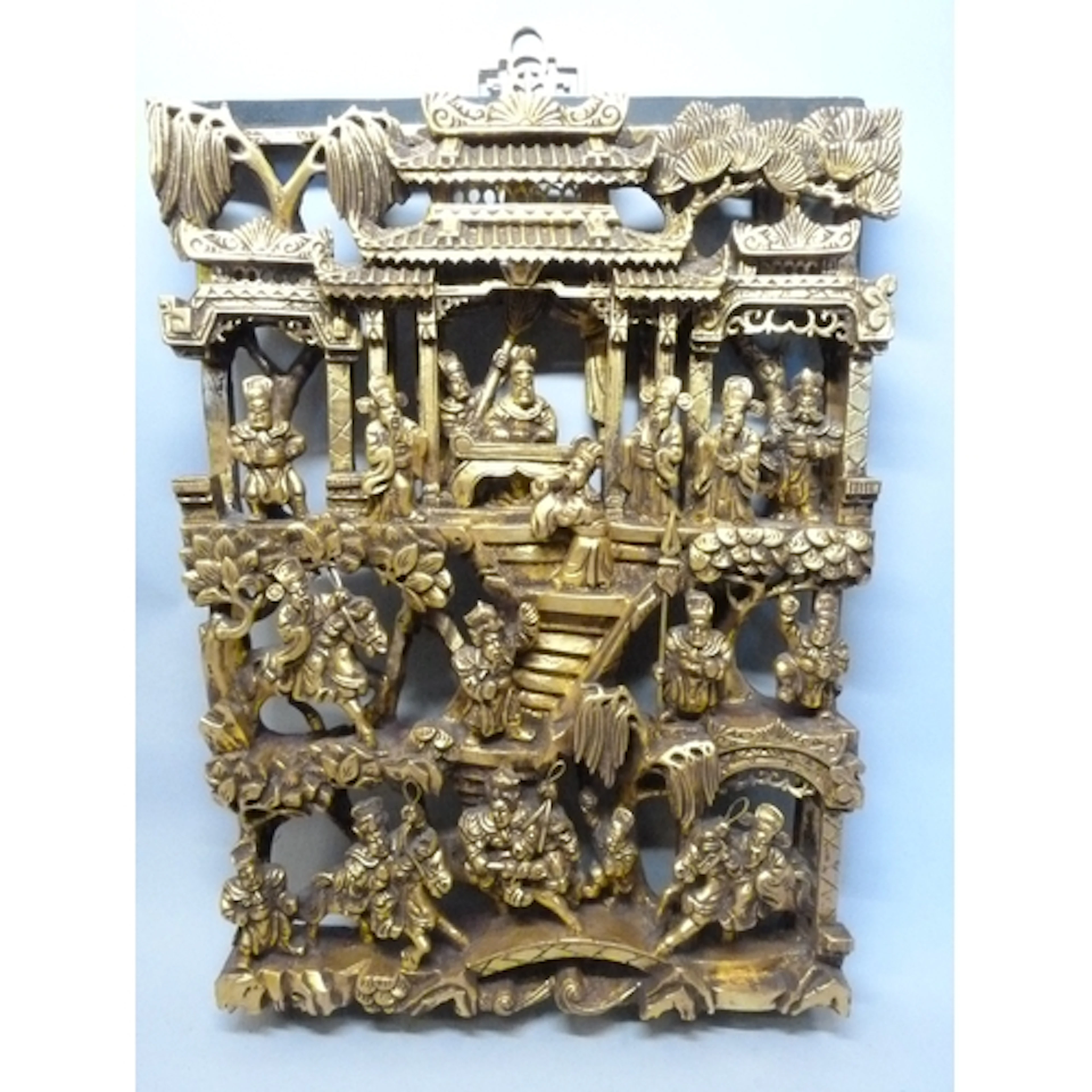 Oriental gold lacquered on wood relief wall panel, Depicting...