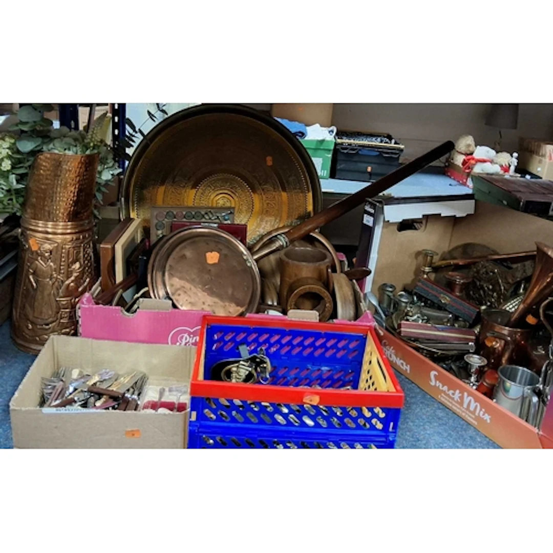 FOUR BOXES AND LOOSE VINTAGE METALWARE AND TREEN, to include...