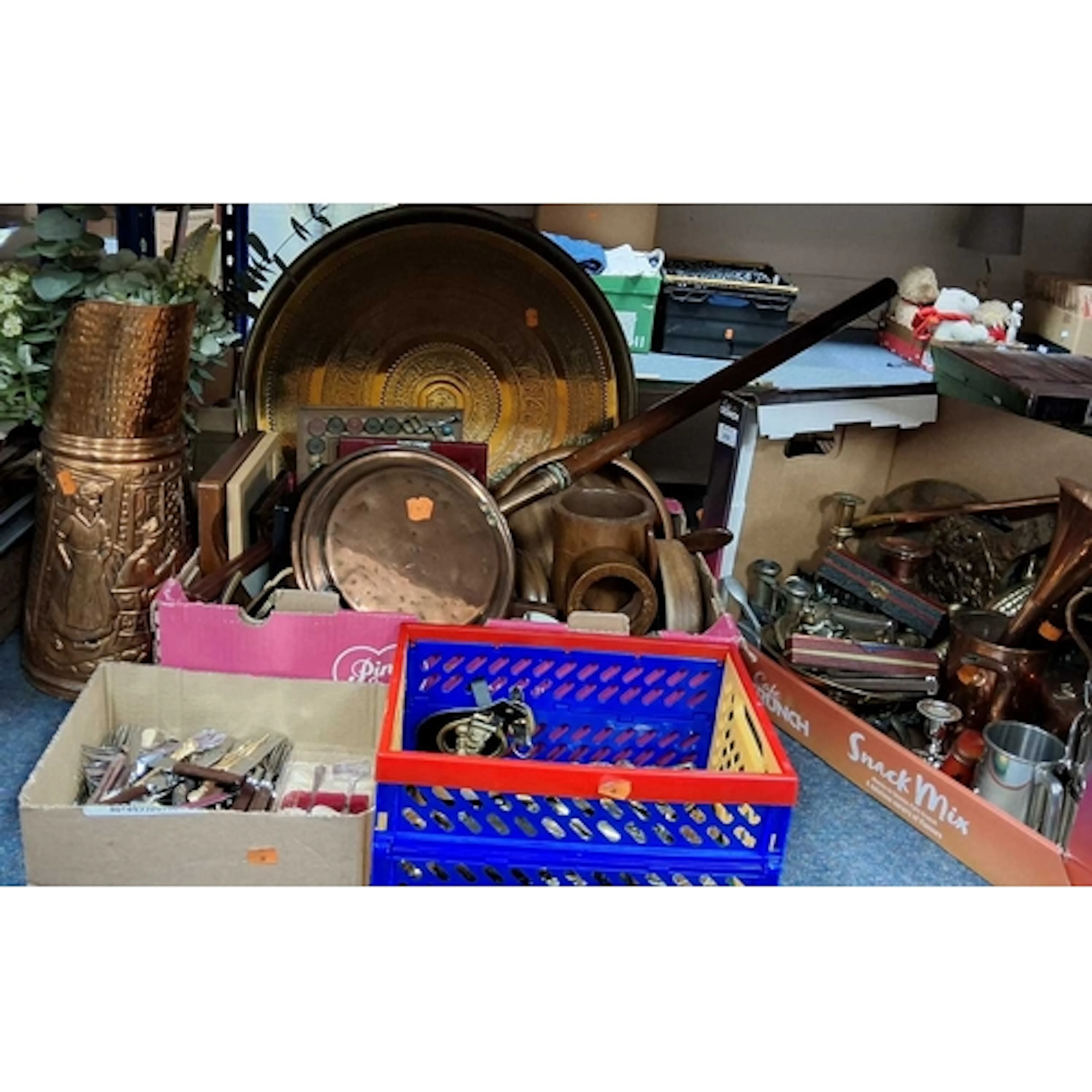 FOUR BOXES AND LOOSE VINTAGE METALWARE AND TREEN, to include...