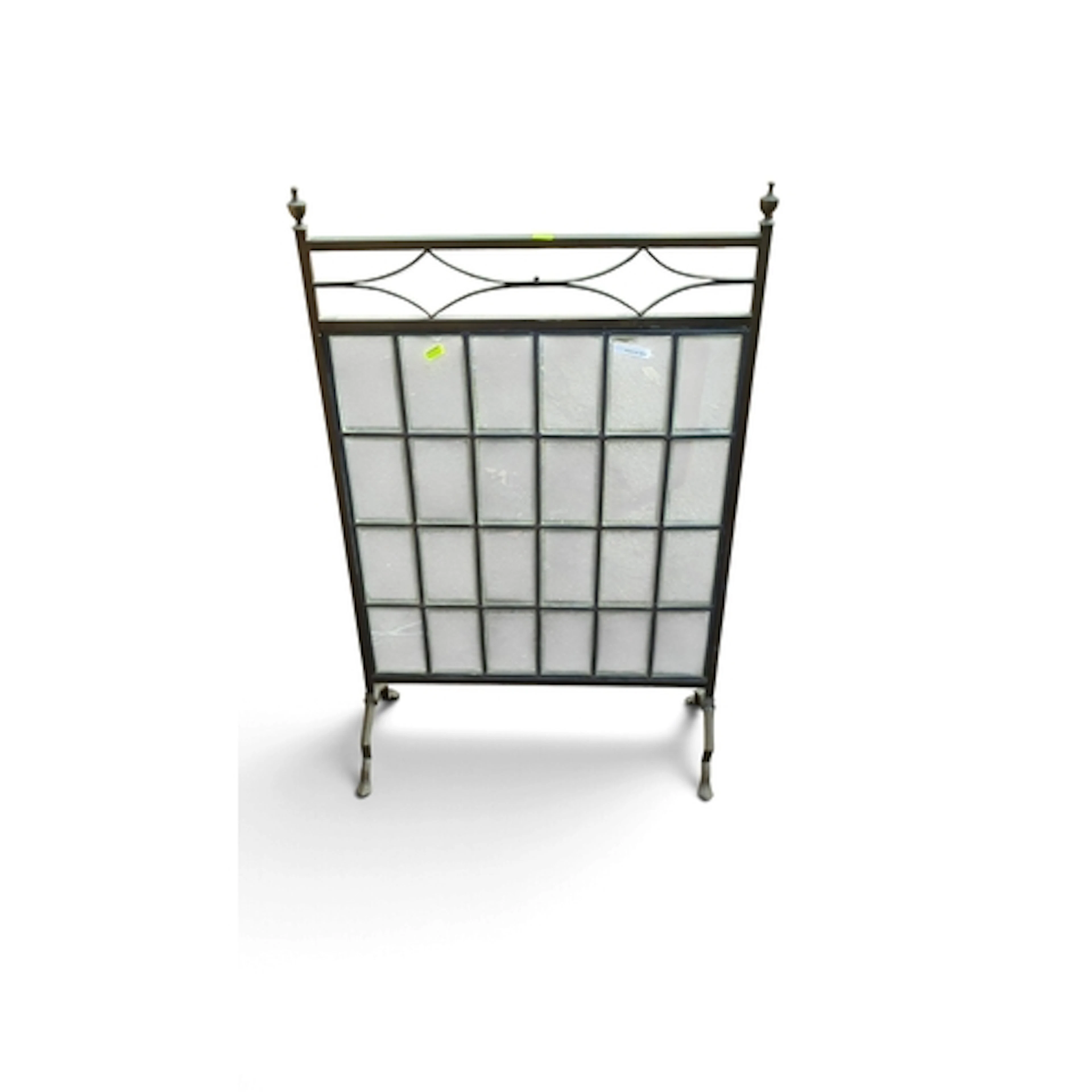 Freestanding metal and glass fire screen, the glazed panel d...