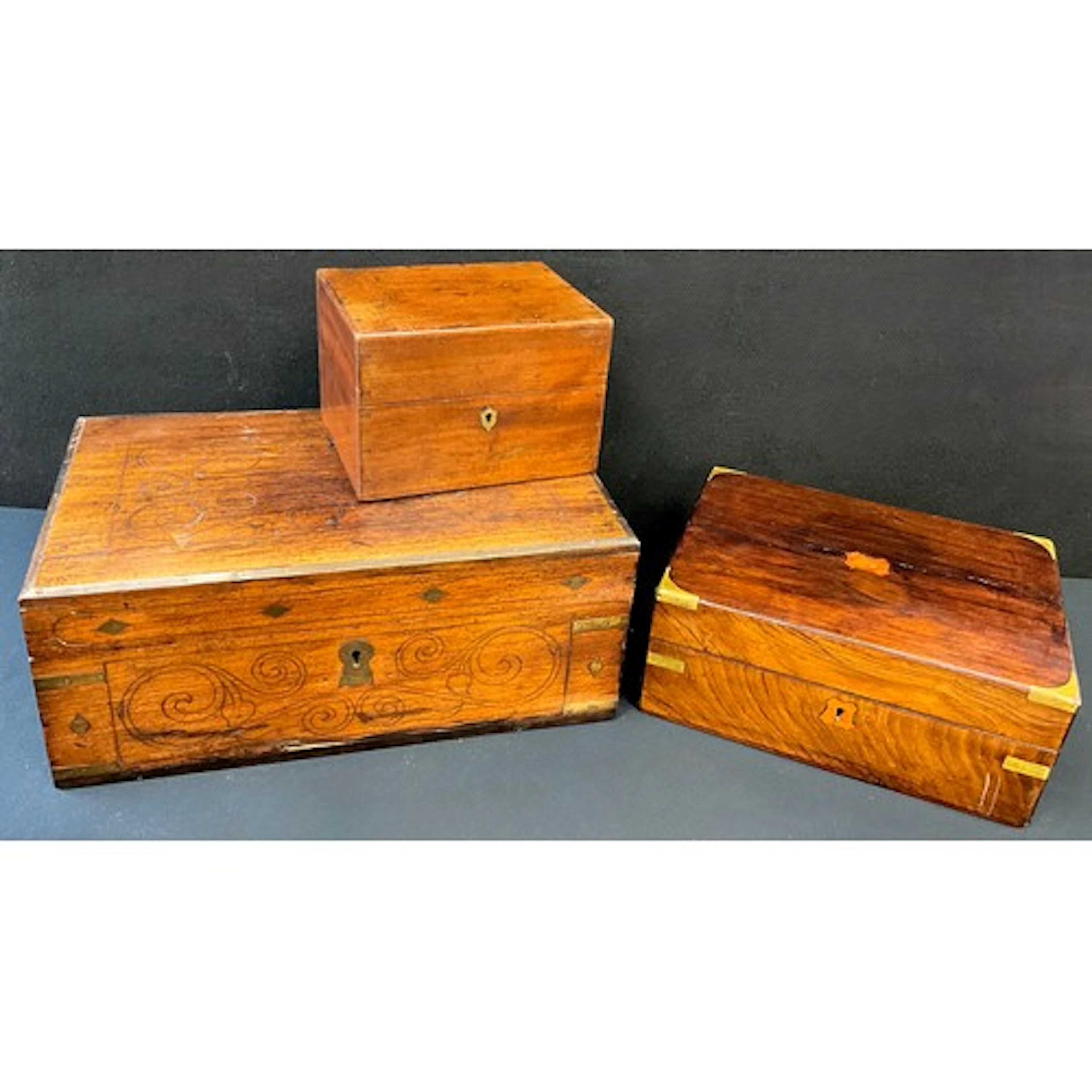 A Victorian rosewood campaign style box, brass inlay to side...