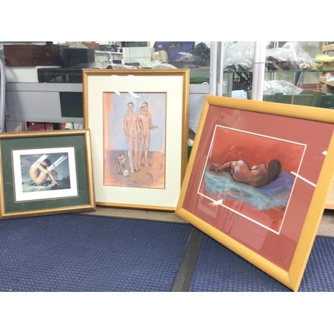 Three framed nude pictures- a print of Pablo Picasso’s On th...