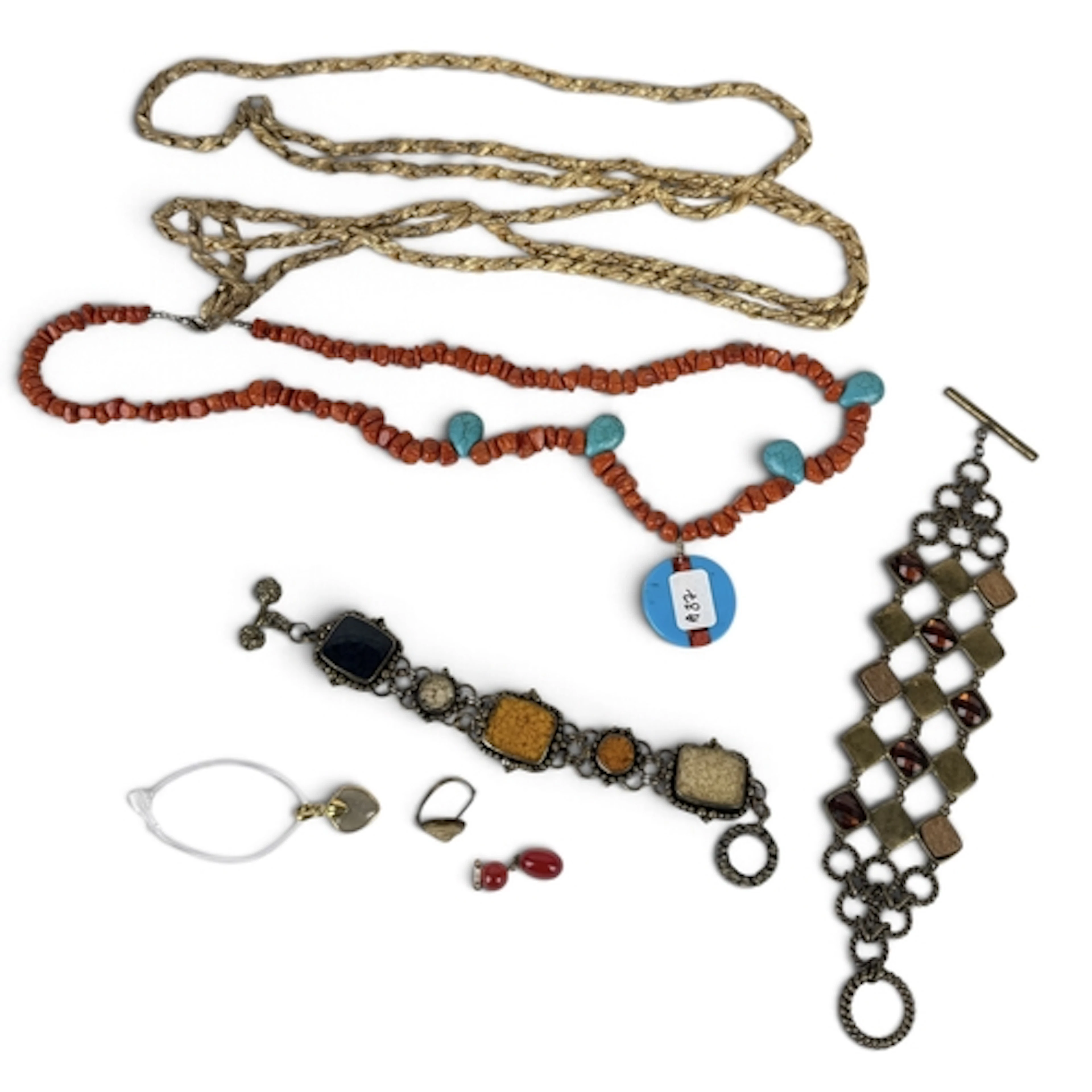 A COLLECTION OF COSTUME JEWELLERY TOT INCLUDE TURQUOISE, COR...