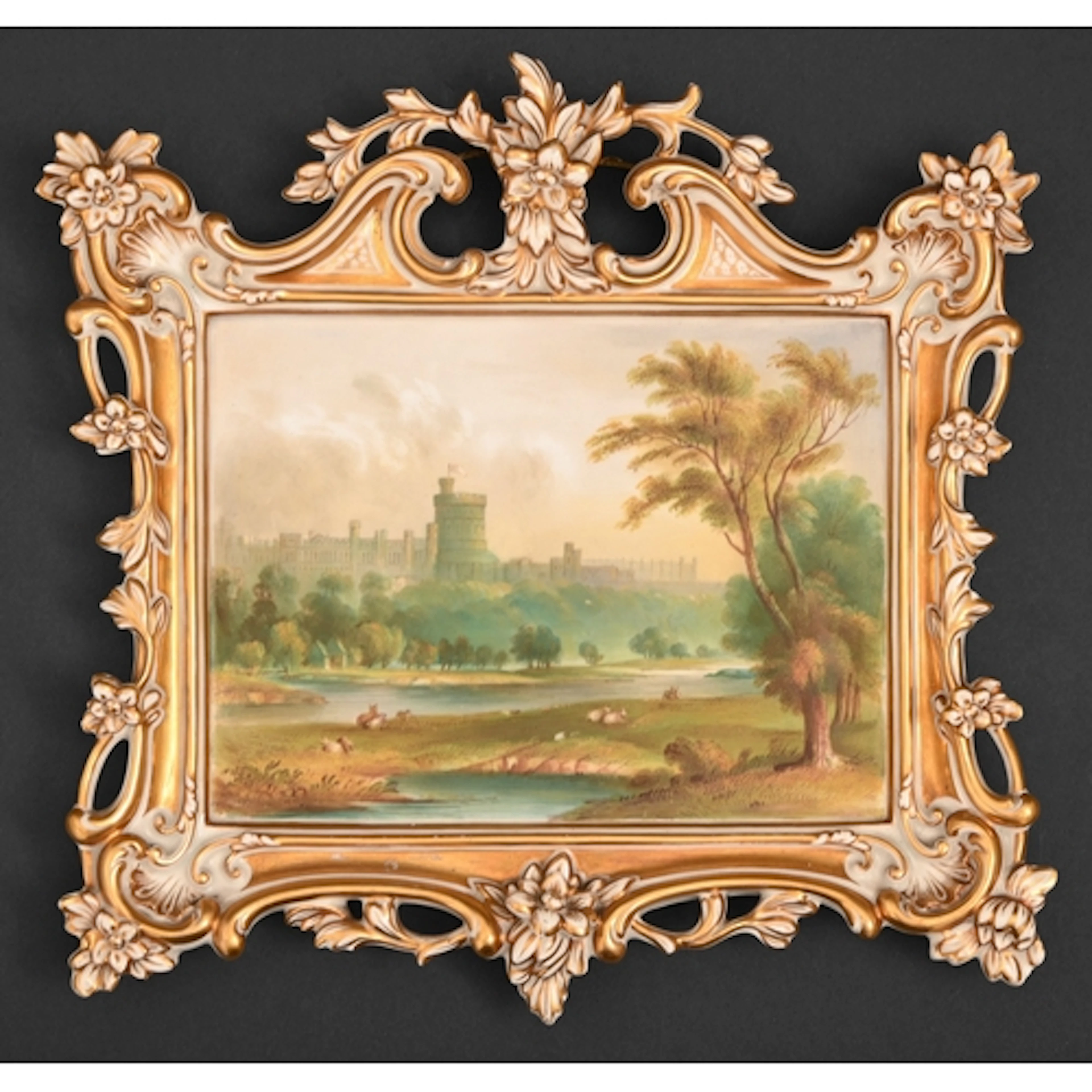 An English porcelain plaque, c1840, painted with a view of W...