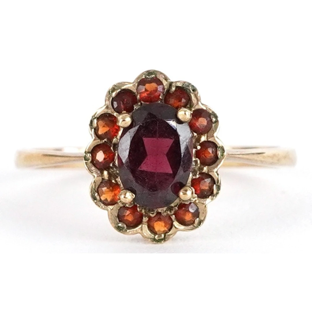 9ct gold garnet cluster ring, size P, 1.6g.