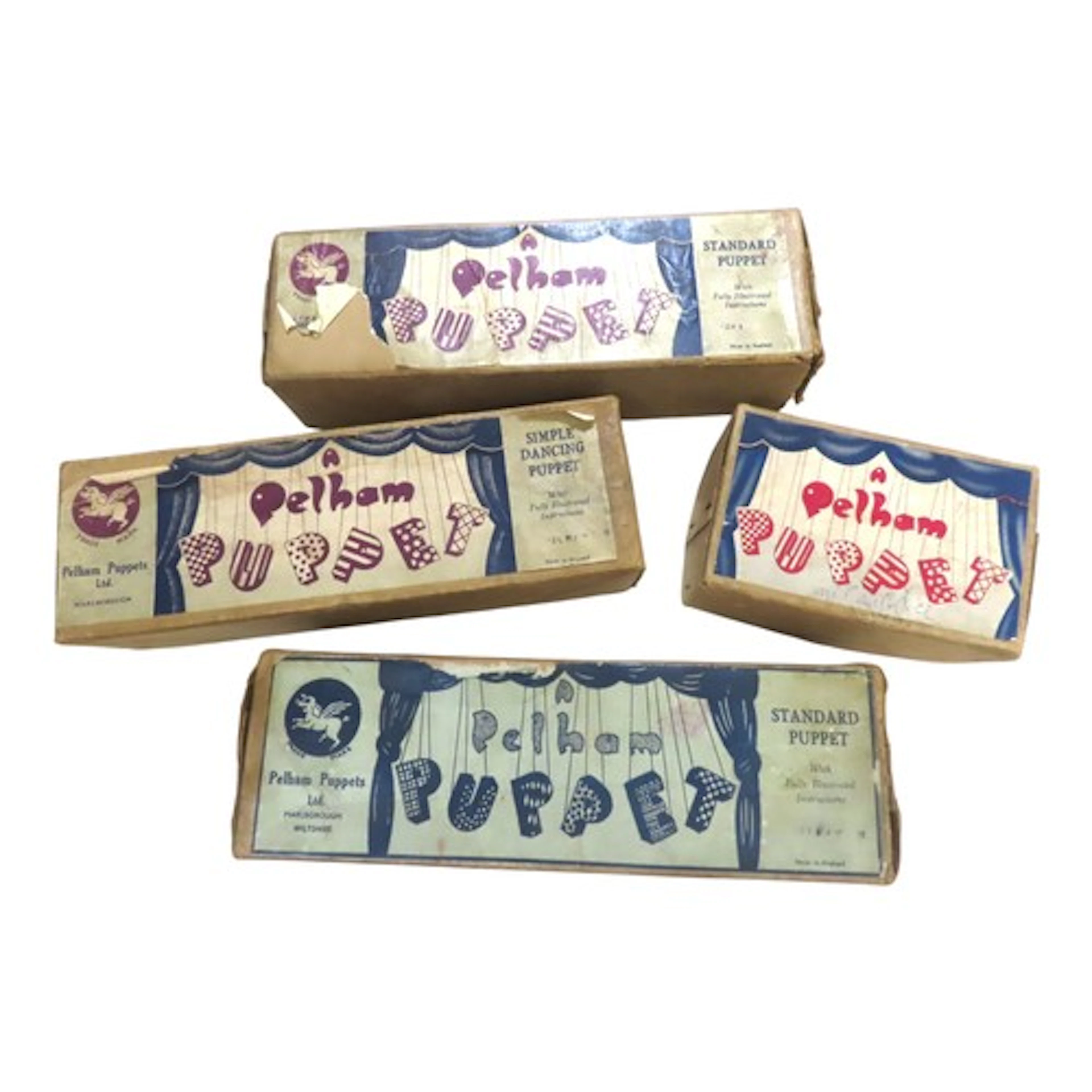 Four early pelham puppets with boxes, including Caterpillar,...