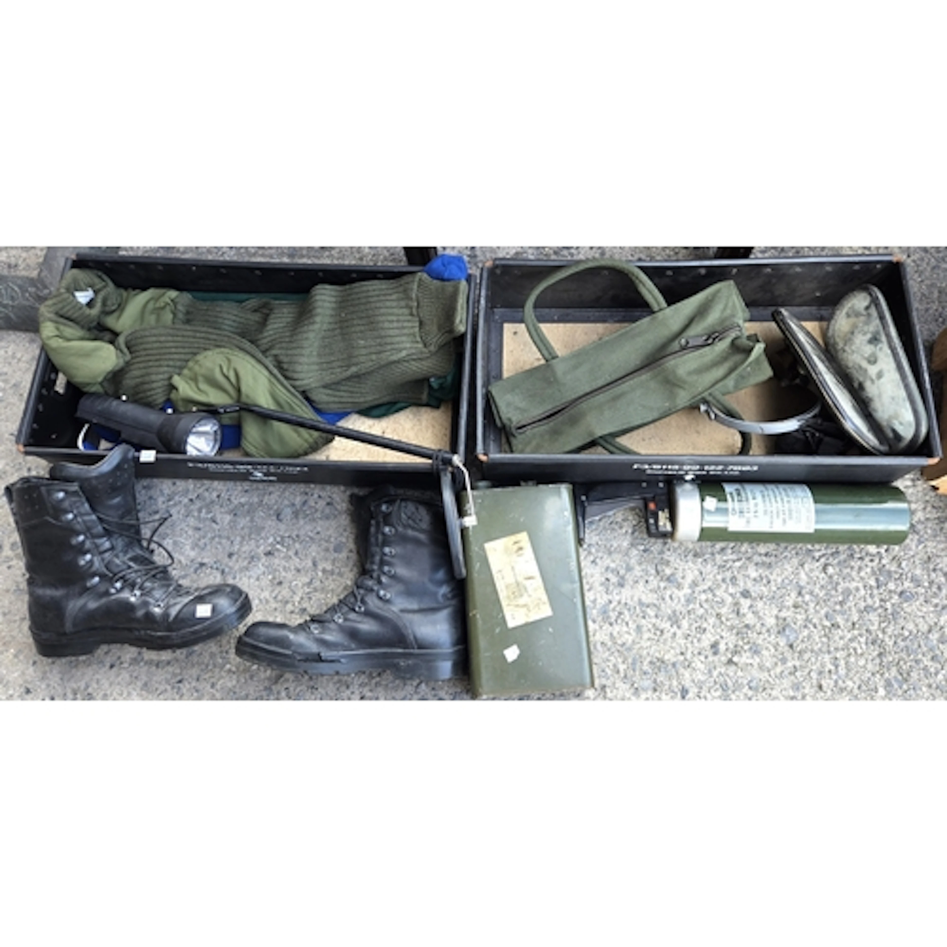 Two 1986 military boxes with various military items includin...