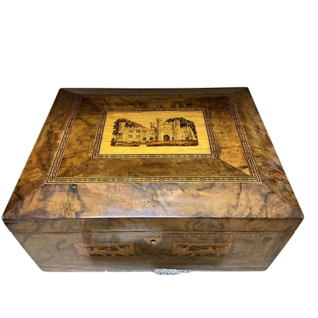 A Victorian Tunbridge Ware walnut work box, the hinged lid d...