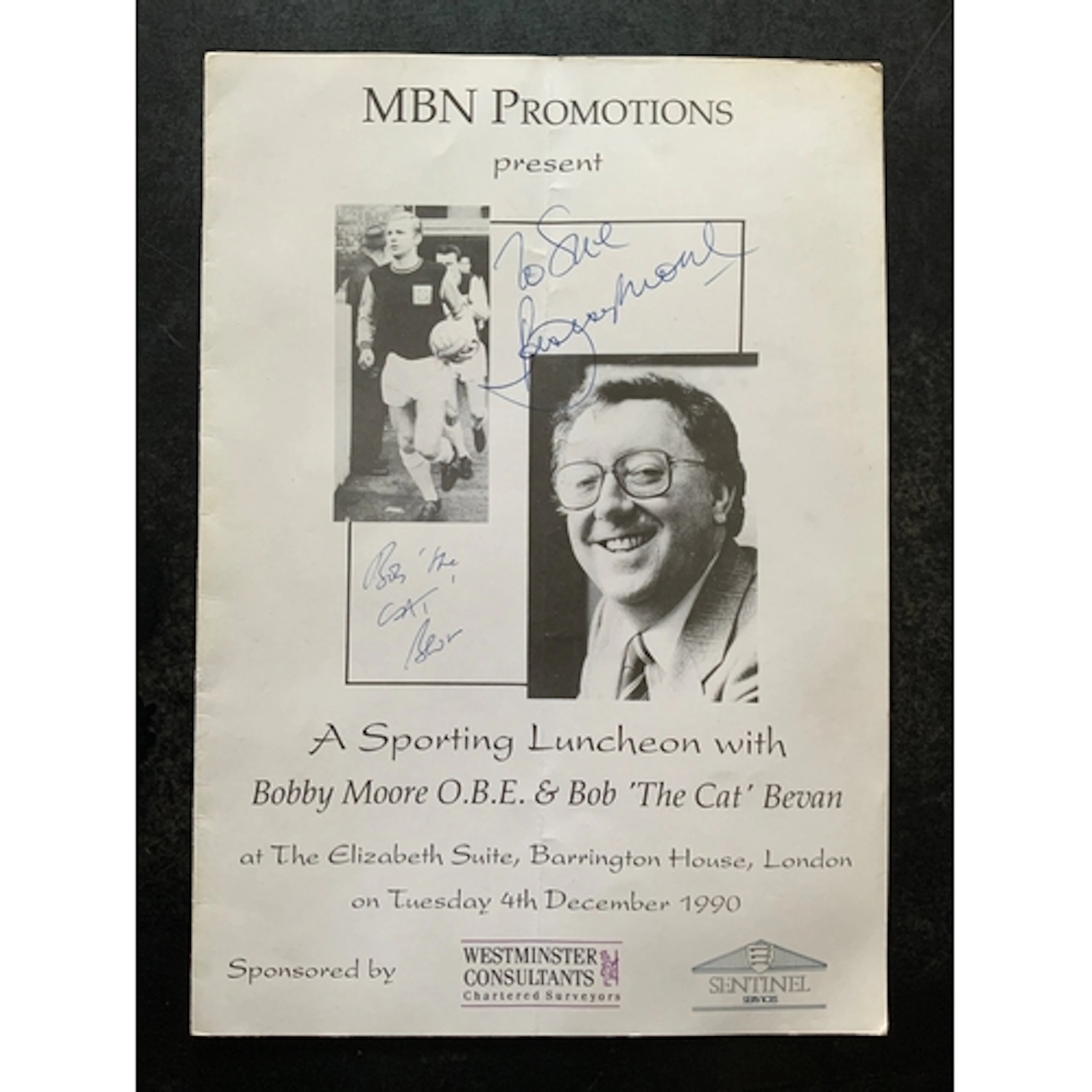 Bobby Moore Signed Football Menu: 1990 luncheon with Bobby M...