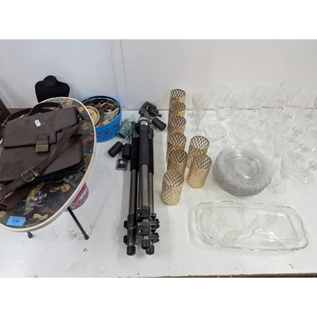 A mixed lot to include mixed glassware, a tripod, a small mo...