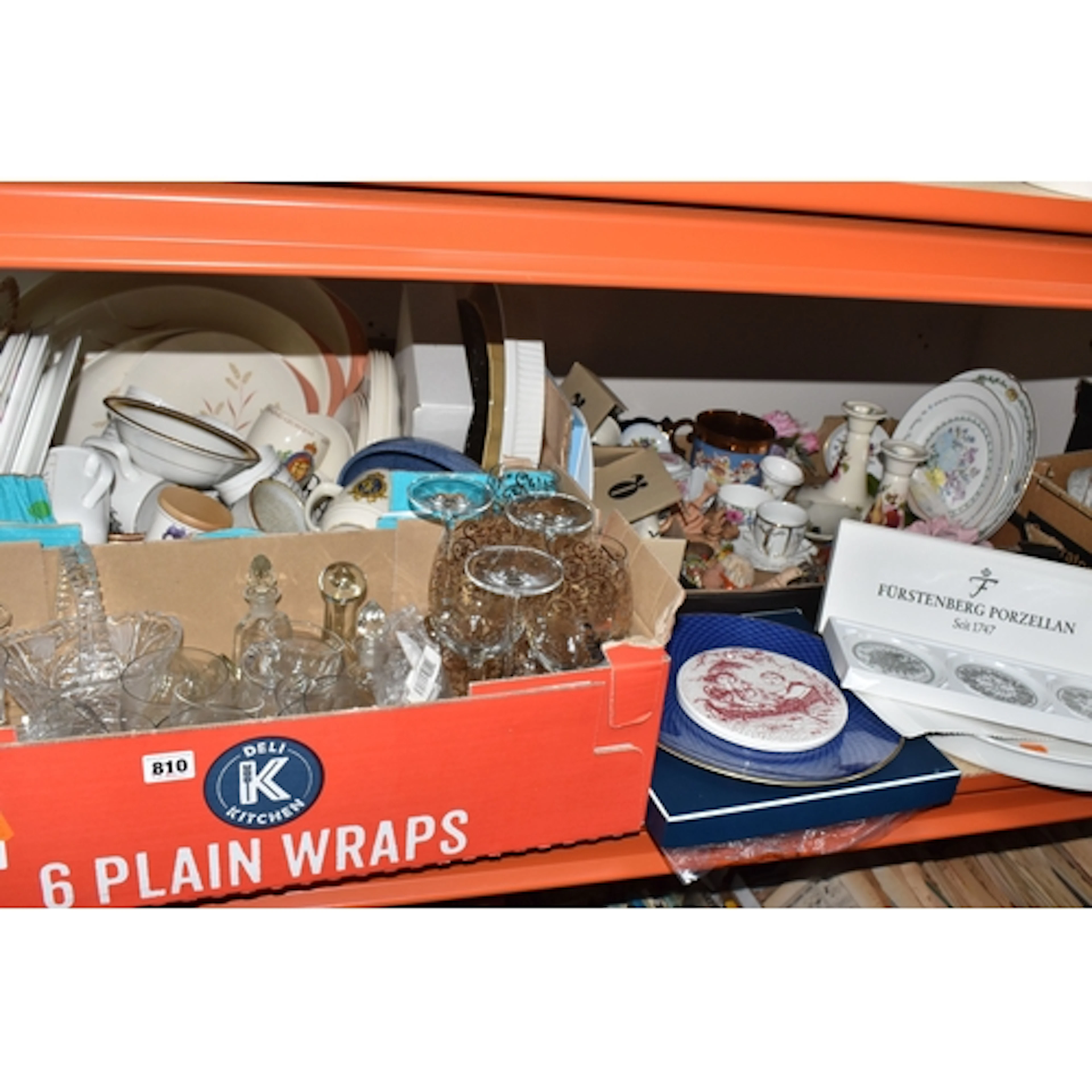 FOUR BOXES AND LOOSE OF HOUSEHOLD CERAMICS, GLASS WARE AND S...