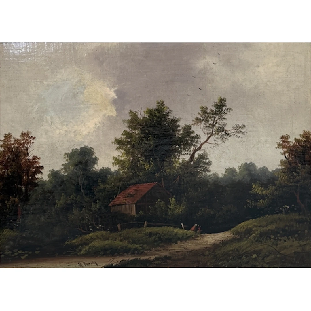 19TH CENTURY BRITISH SCHOOL: A COTTAGE BY A STREAM Signed 'R...