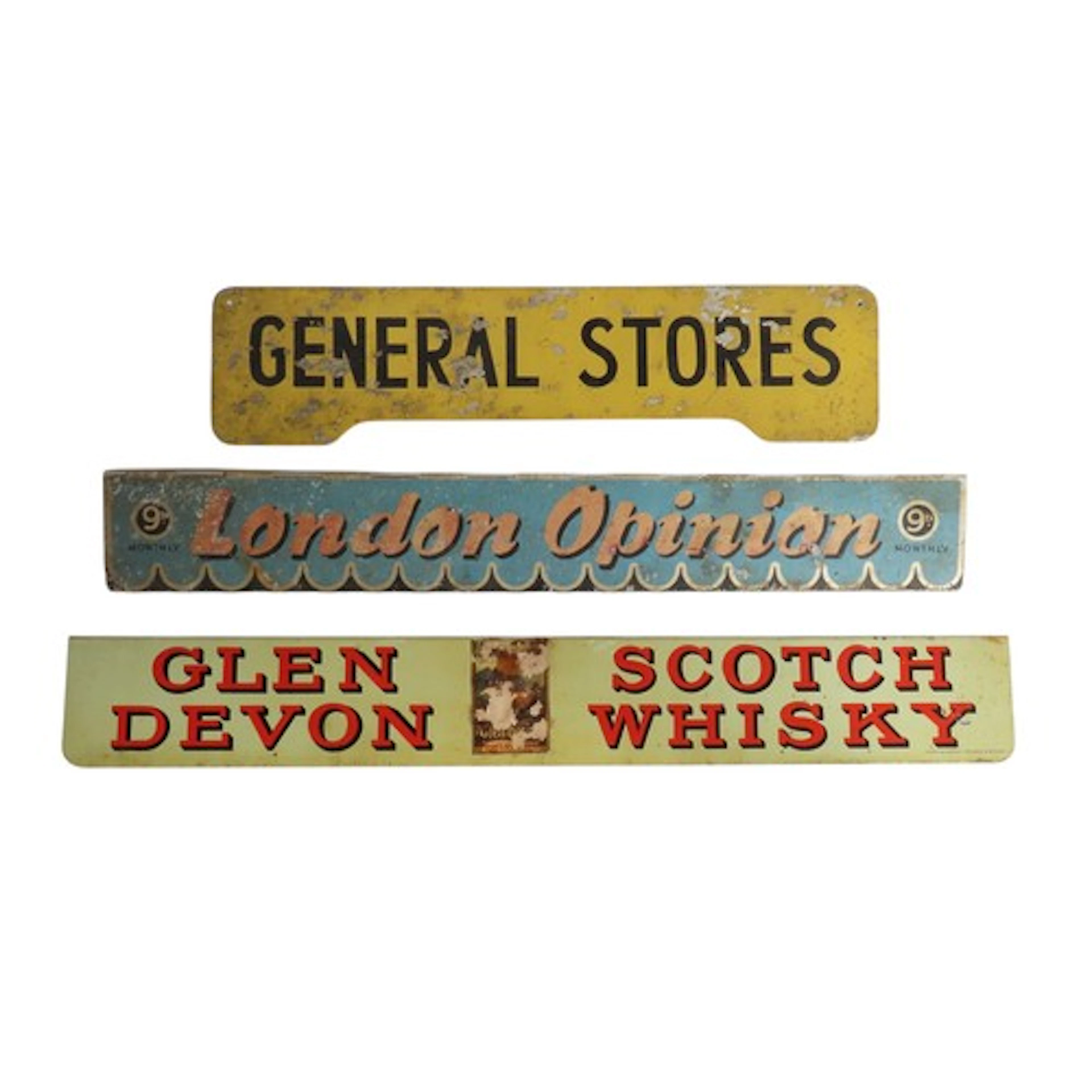 THREE TIN SHOP COUNTER SIGNS the lot comprised of: 'General ...