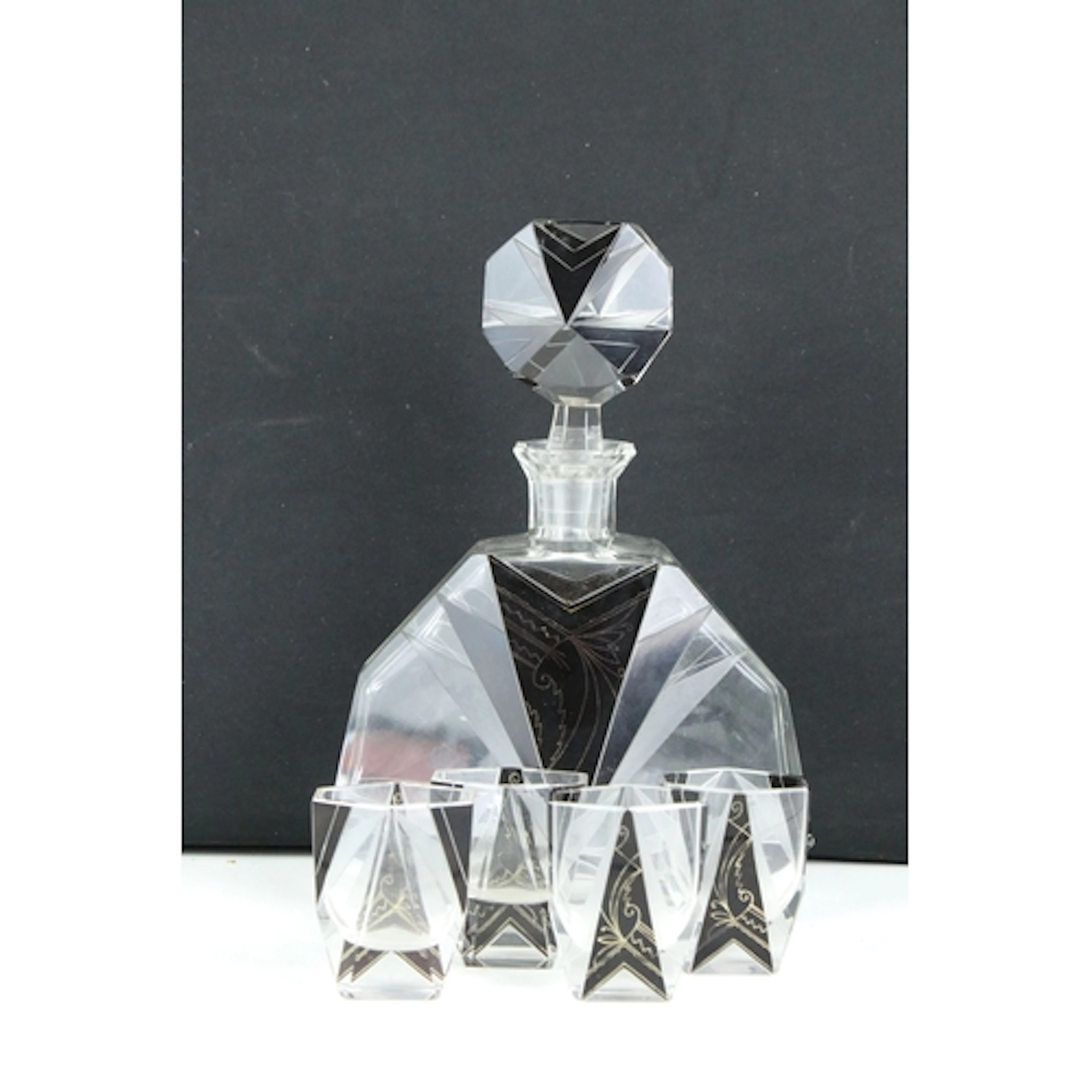 Art Deco cut glass decanter with black enamel geometric desi...