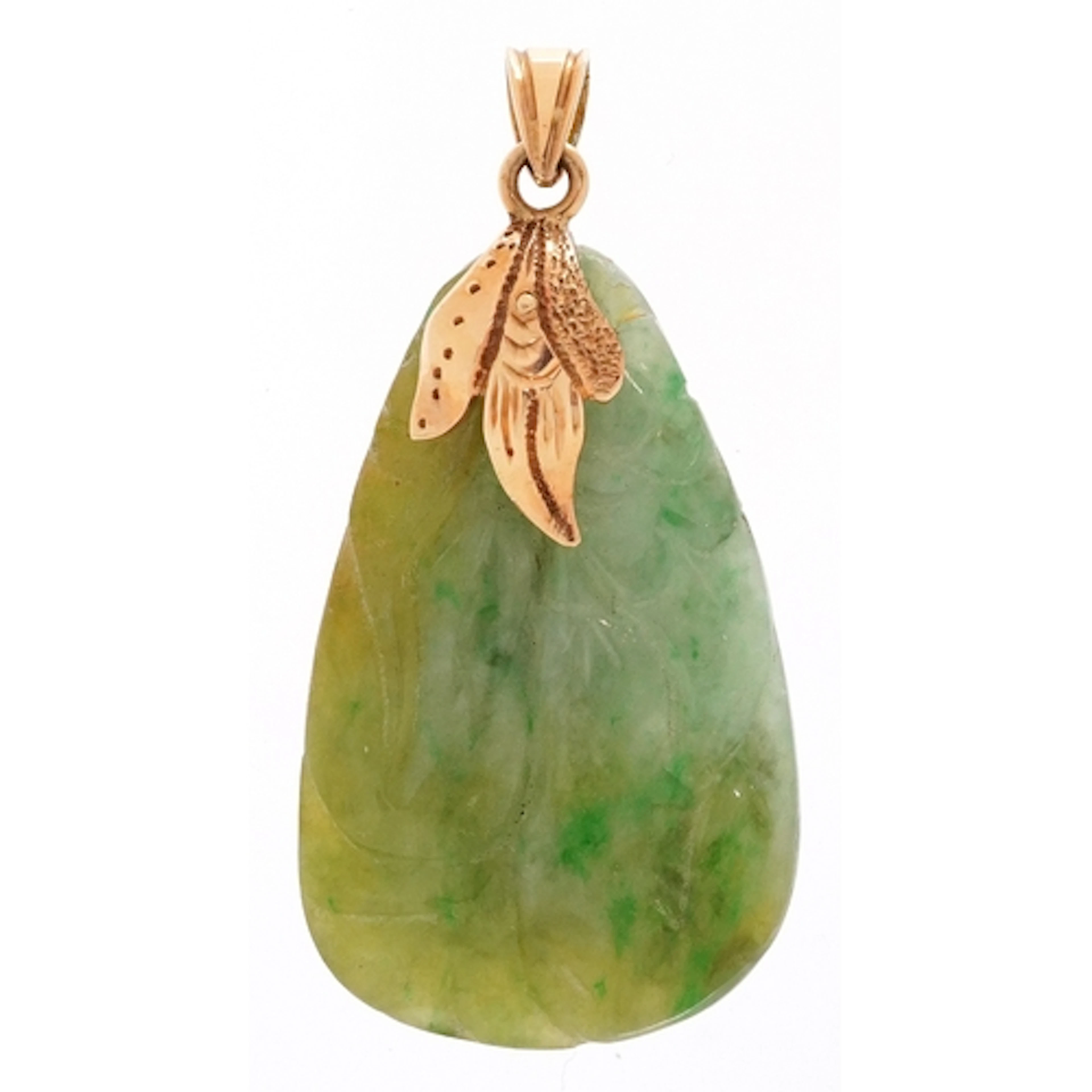Chinese 14ct gold and green stone pendant carved in the form...
