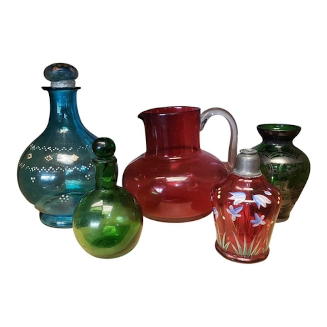 Collection of 19th century and later coloured glass / scent ...