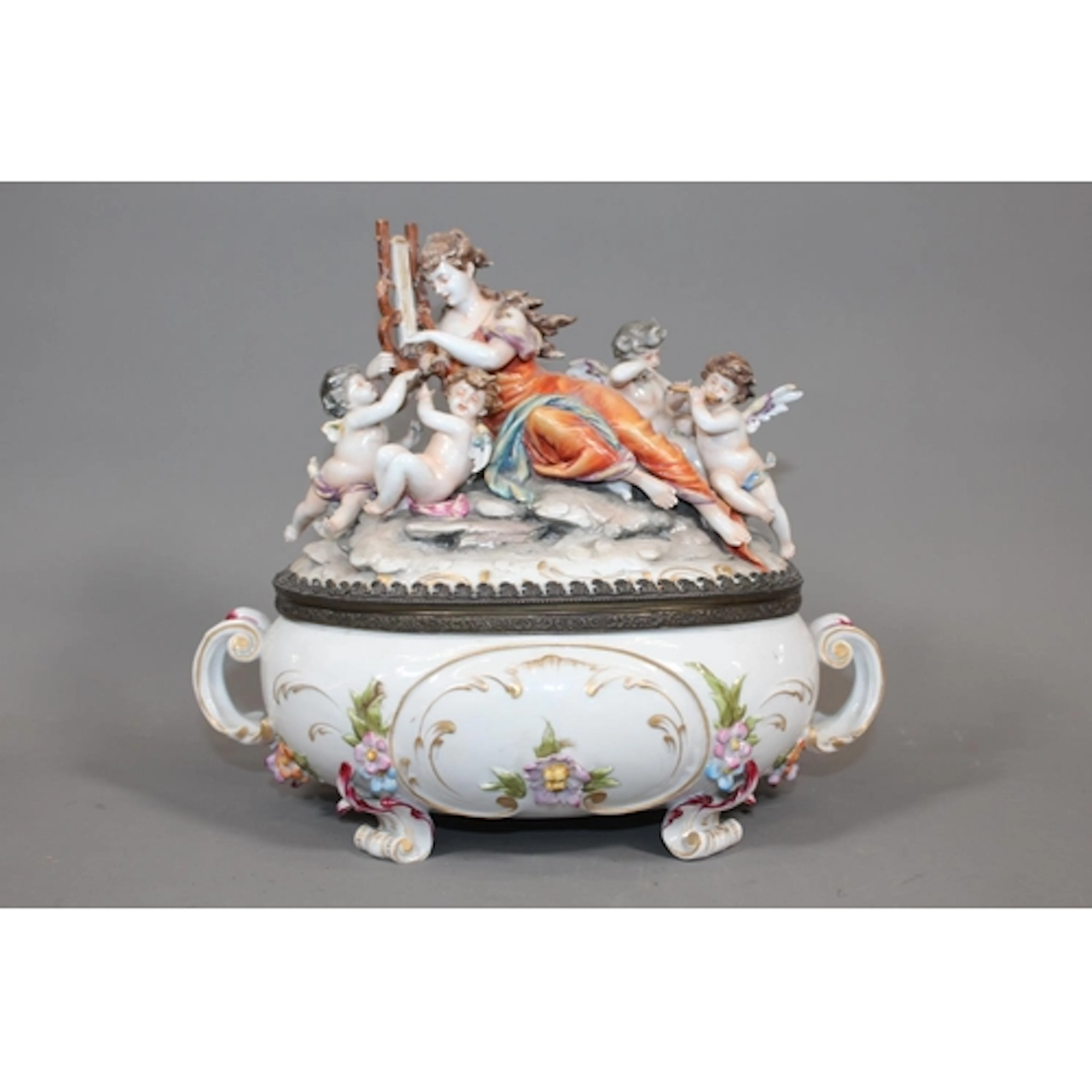 Continental porcelain twin handle tureen with decorated cher...