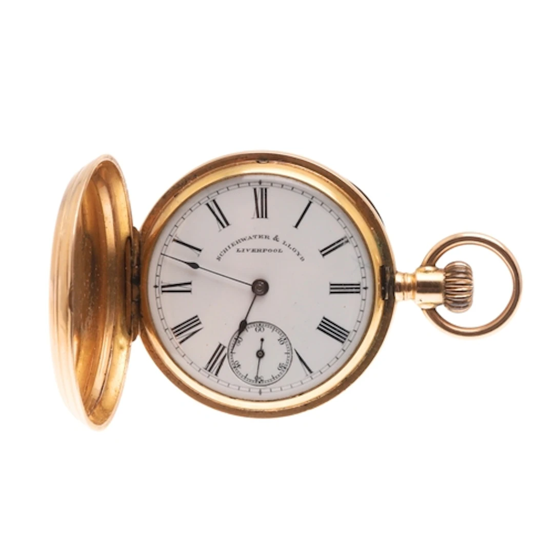 A GOLD FULL HUNTING CASED POCKET WATCH BY SCHIEWATER & LLOYD...