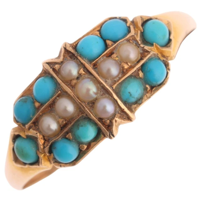 An Antique Victorian gold turquoise and split pearl cross ri...