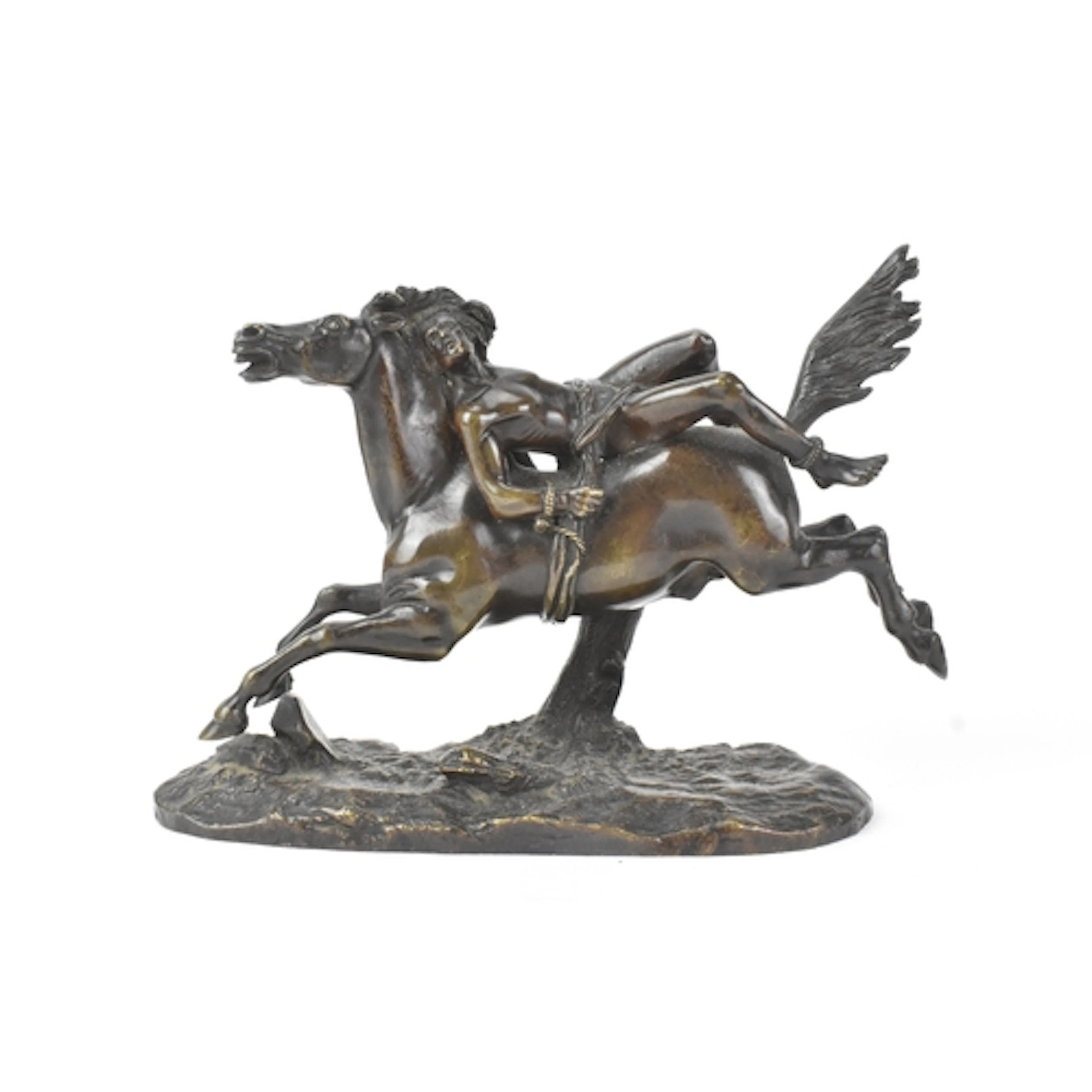 A circa 1900 bronze group of Mazeppa tied on a horse, on a n...