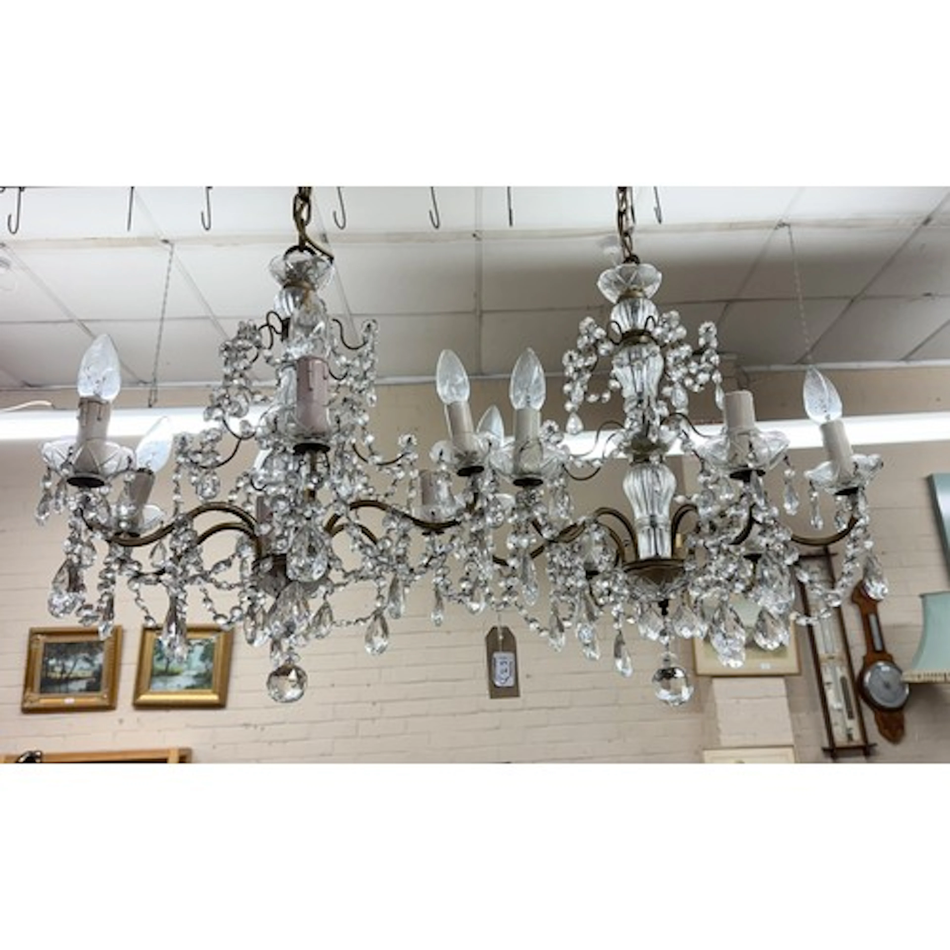 A pair of traditional six branch glass lustre chandelier sty...