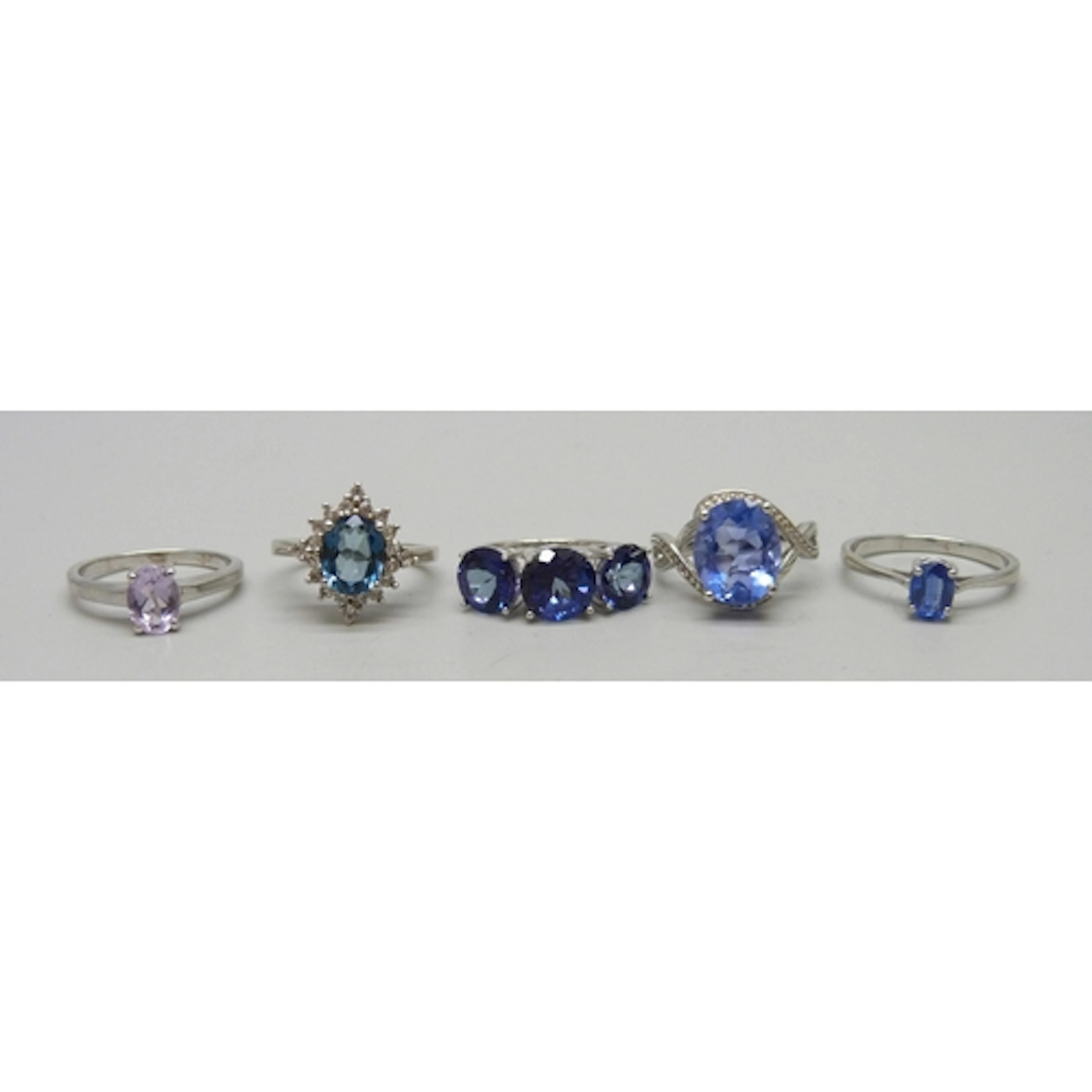 A collection of five silver TGGC gemstone rings, 16g total