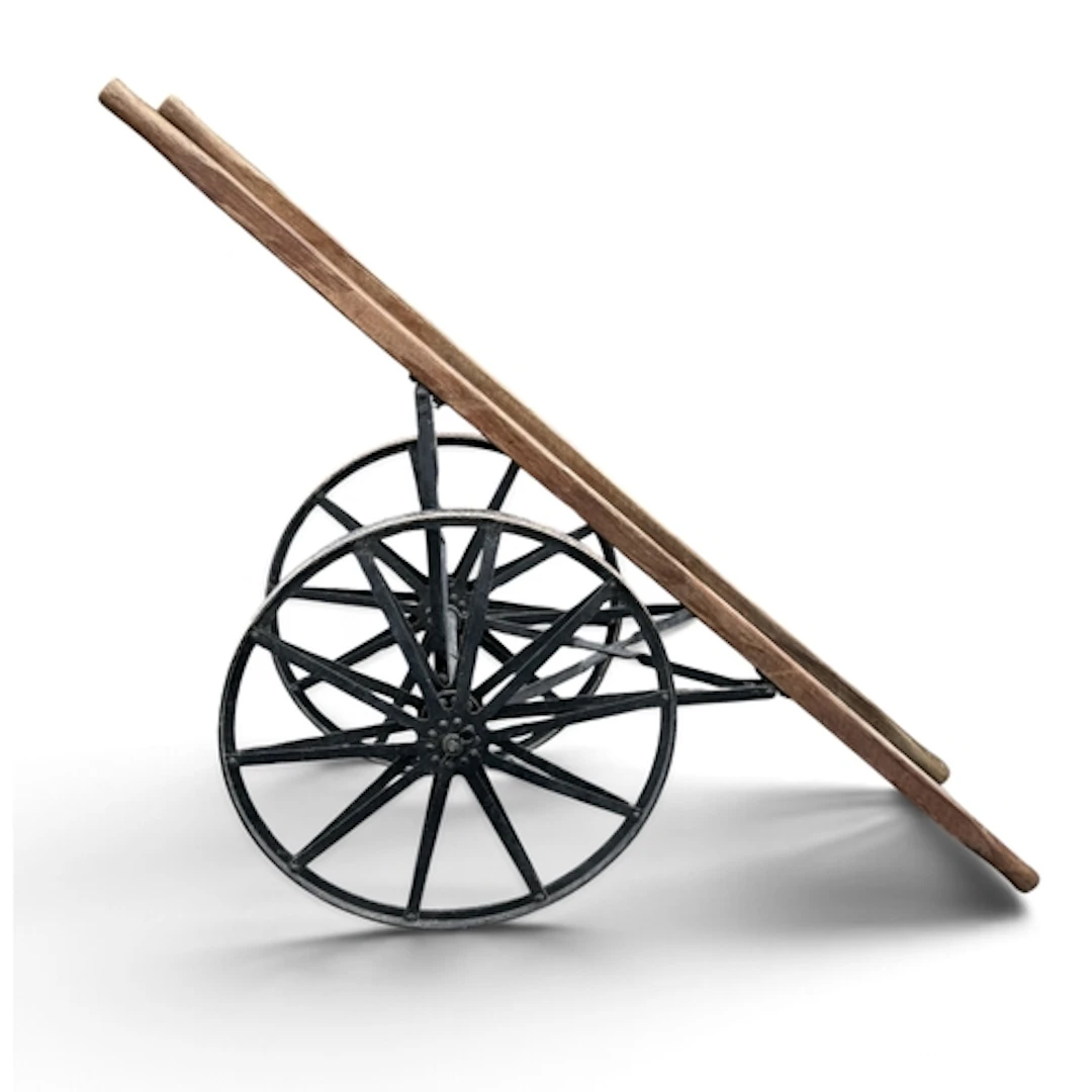 A BLACK-PAINTED WROUGHT IRON CART With wooden stretchers...