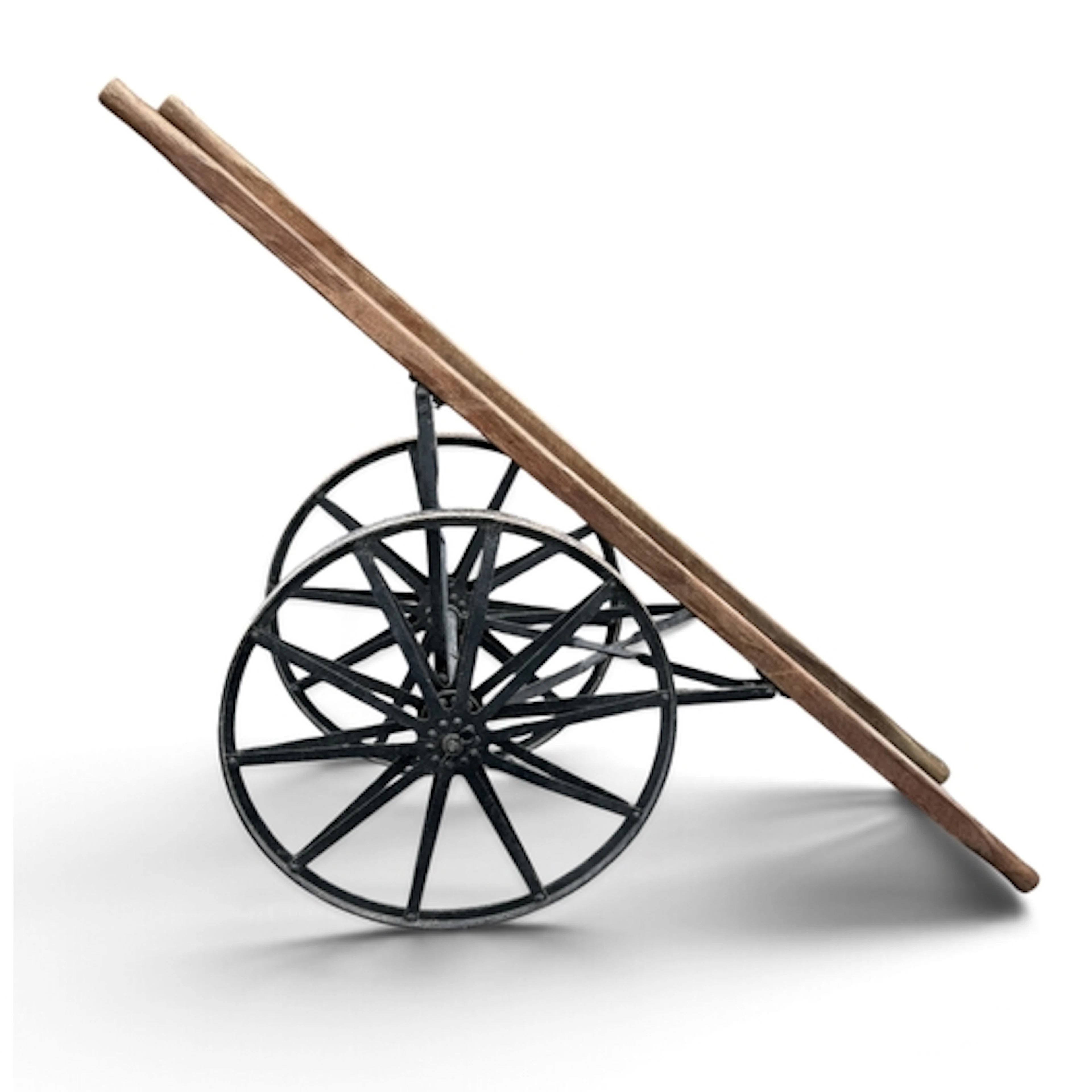A BLACK-PAINTED WROUGHT IRON CART With wooden stretchers...