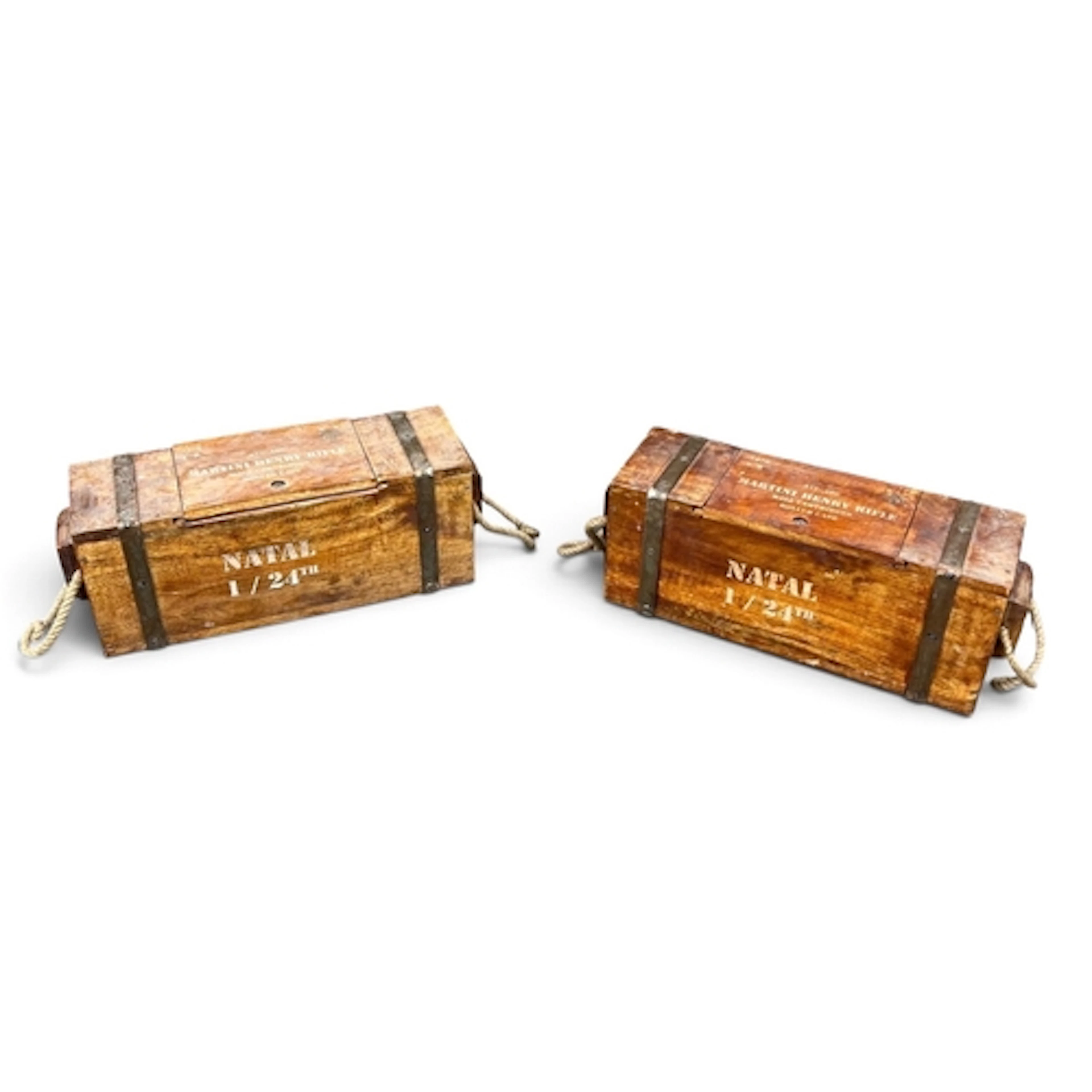 TWO VINTAGE WOODEN AMMO CRATES Inscribed 'Martini Henry Rifl...