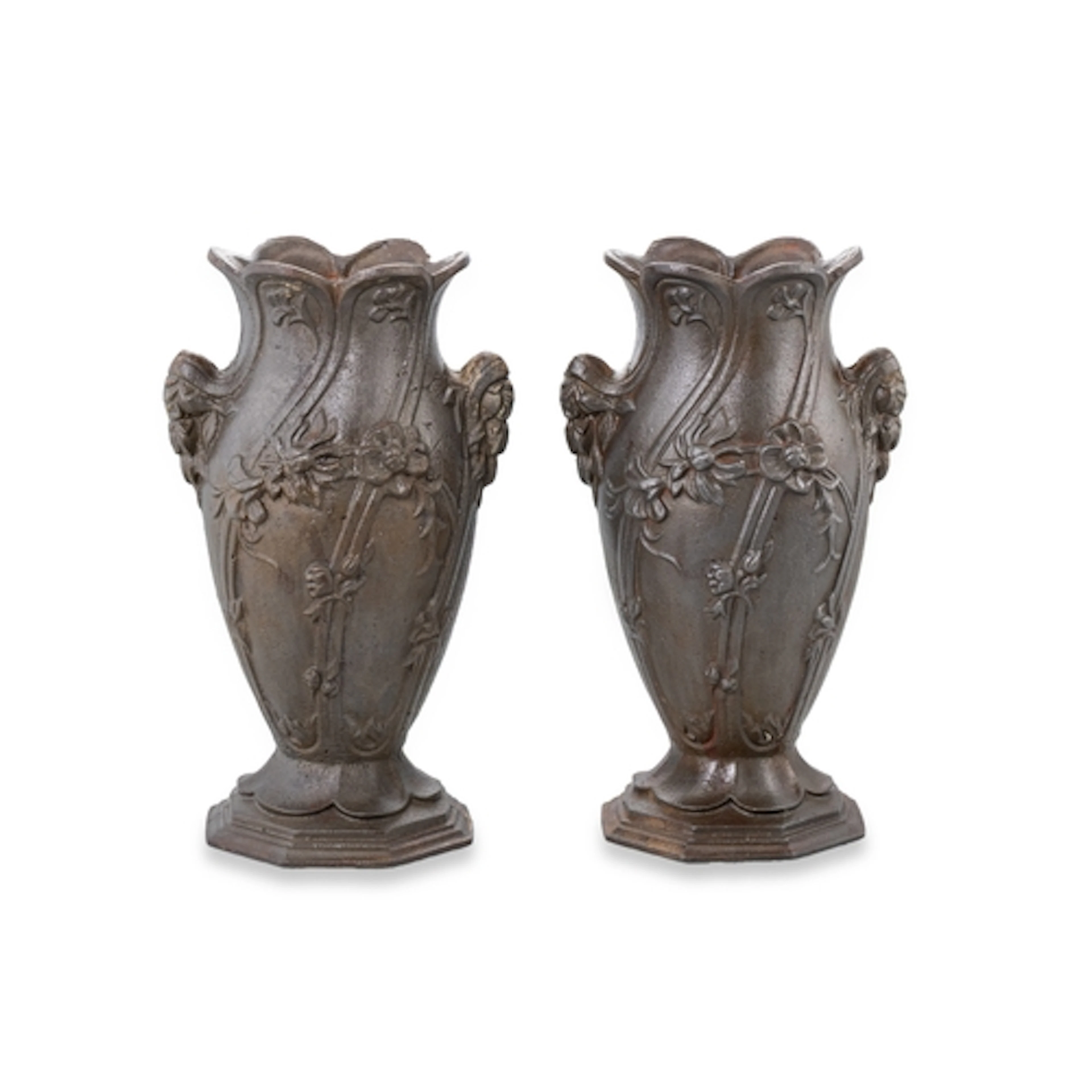 A PAIR OF ANTIQUE FRENCH CAST IRON ART NEUVEAU STYLE VASES, ...