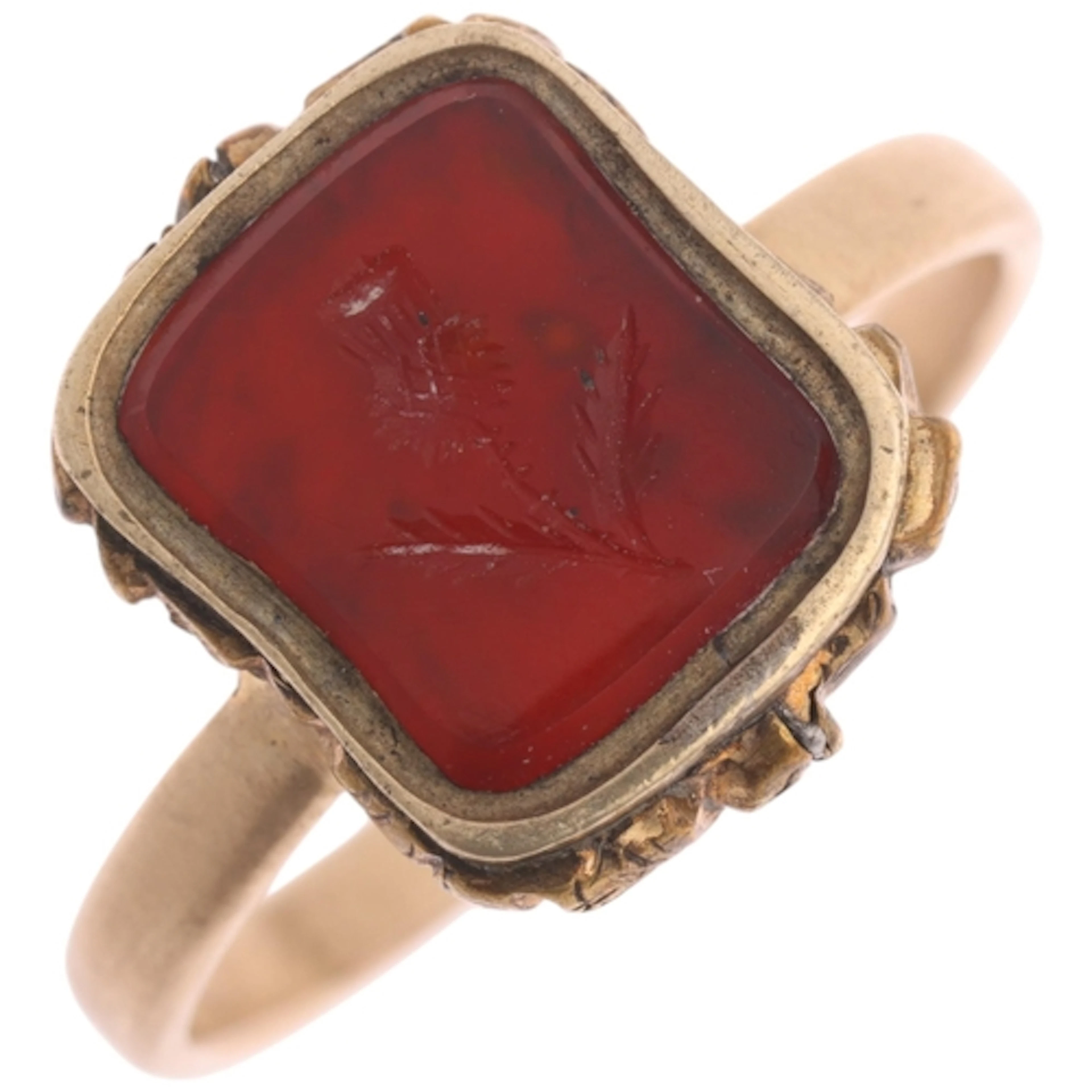 An Antique Victorian gilt-metal carnelian 'Thistle' seal rin...