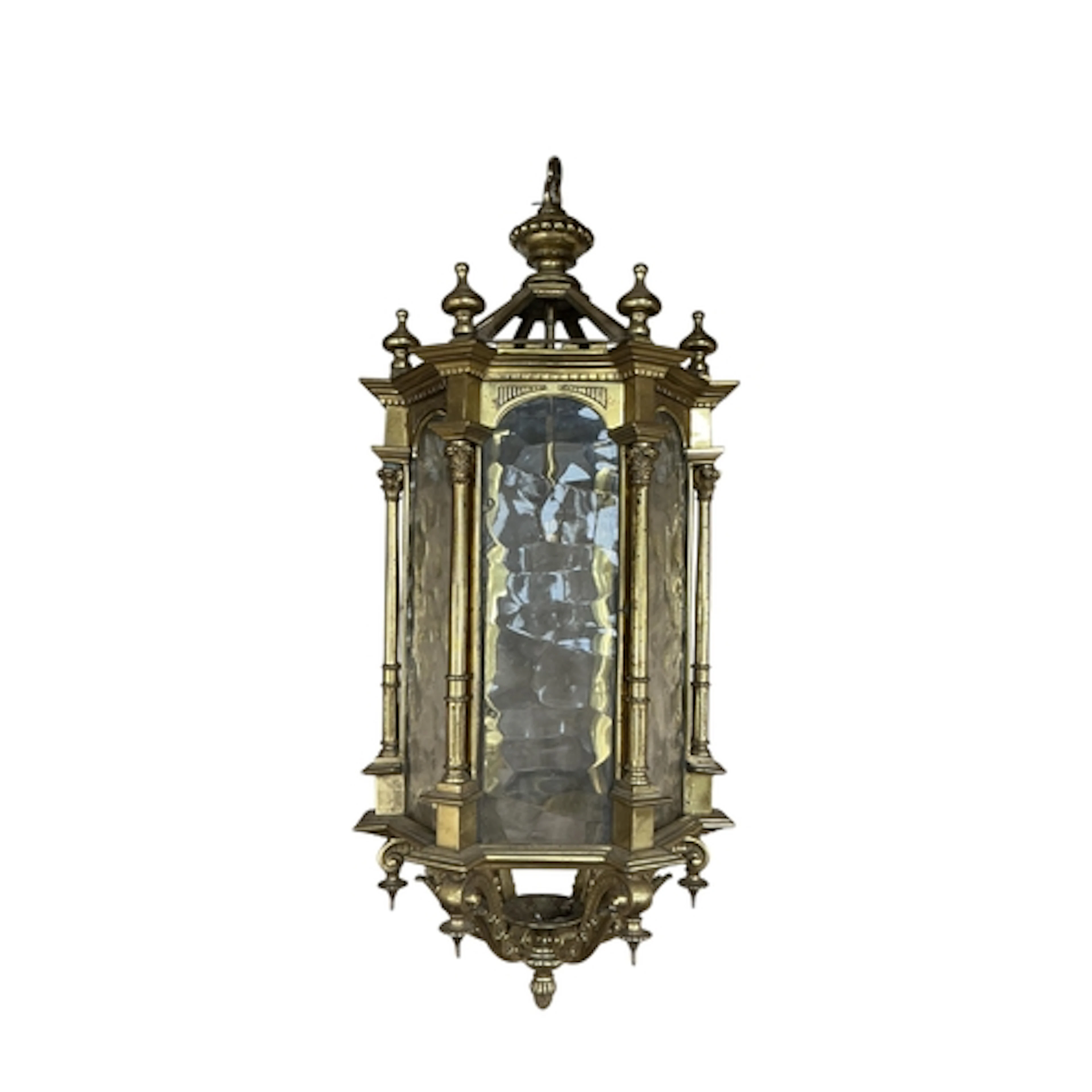 A Victorian style hexagonal brass hall lantern with cast col...
