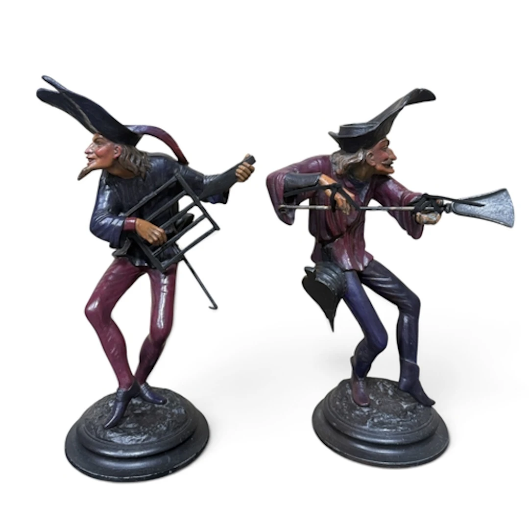 A PAIR OF PAINTED METAL DEVIL CANDLESTICKS Tallest 28cm H...