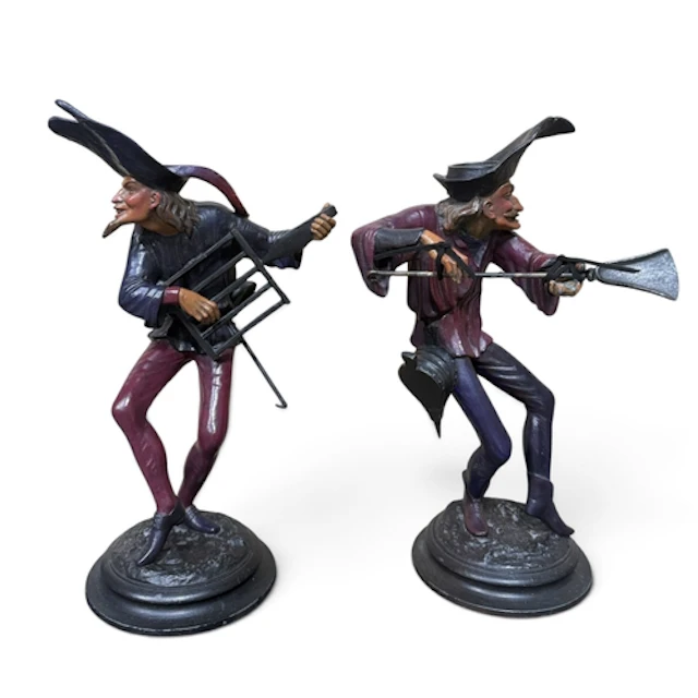 A PAIR OF PAINTED METAL DEVIL CANDLESTICKS Tallest 28cm H...