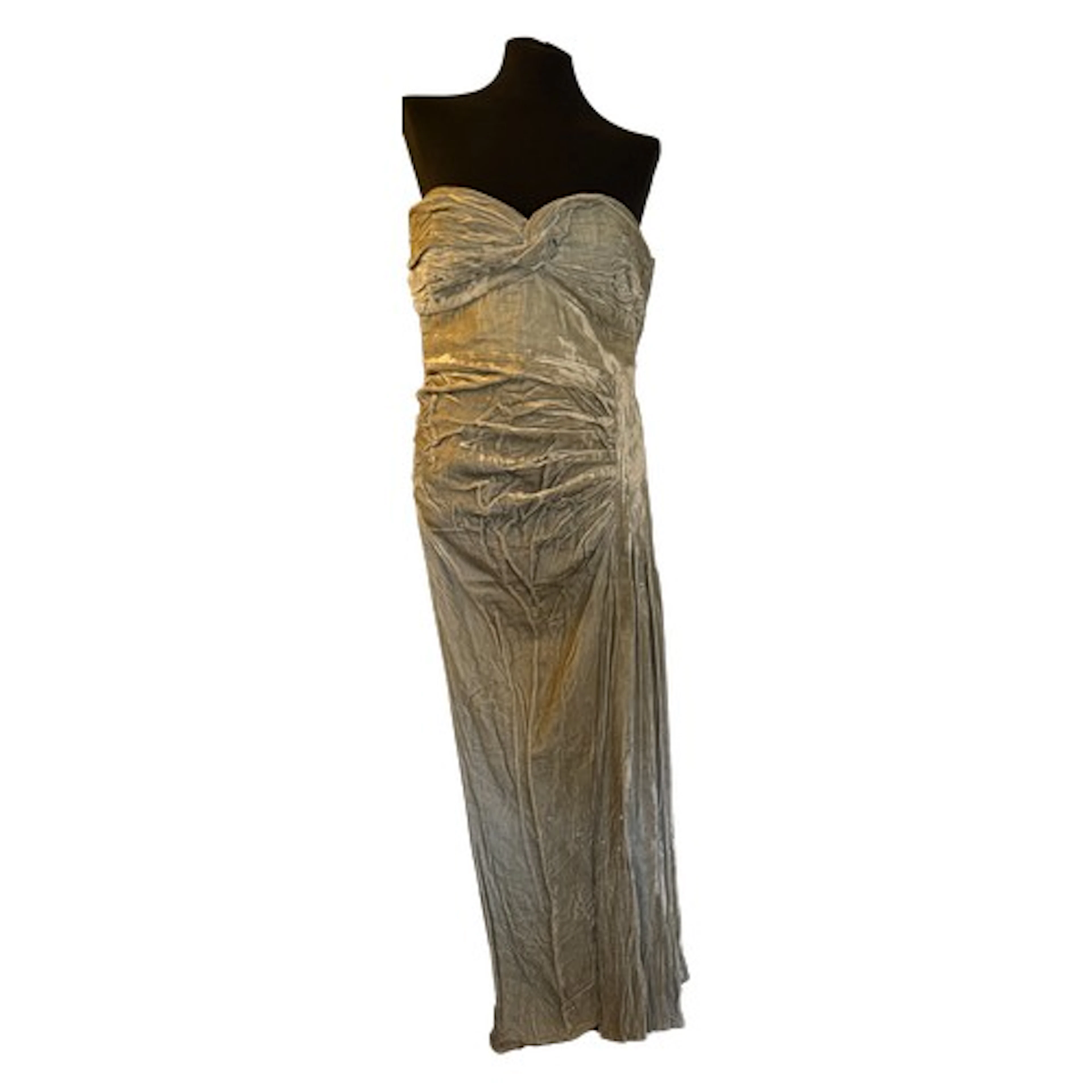 Ice blue silk velvet draped strapless dress with boned bodic...