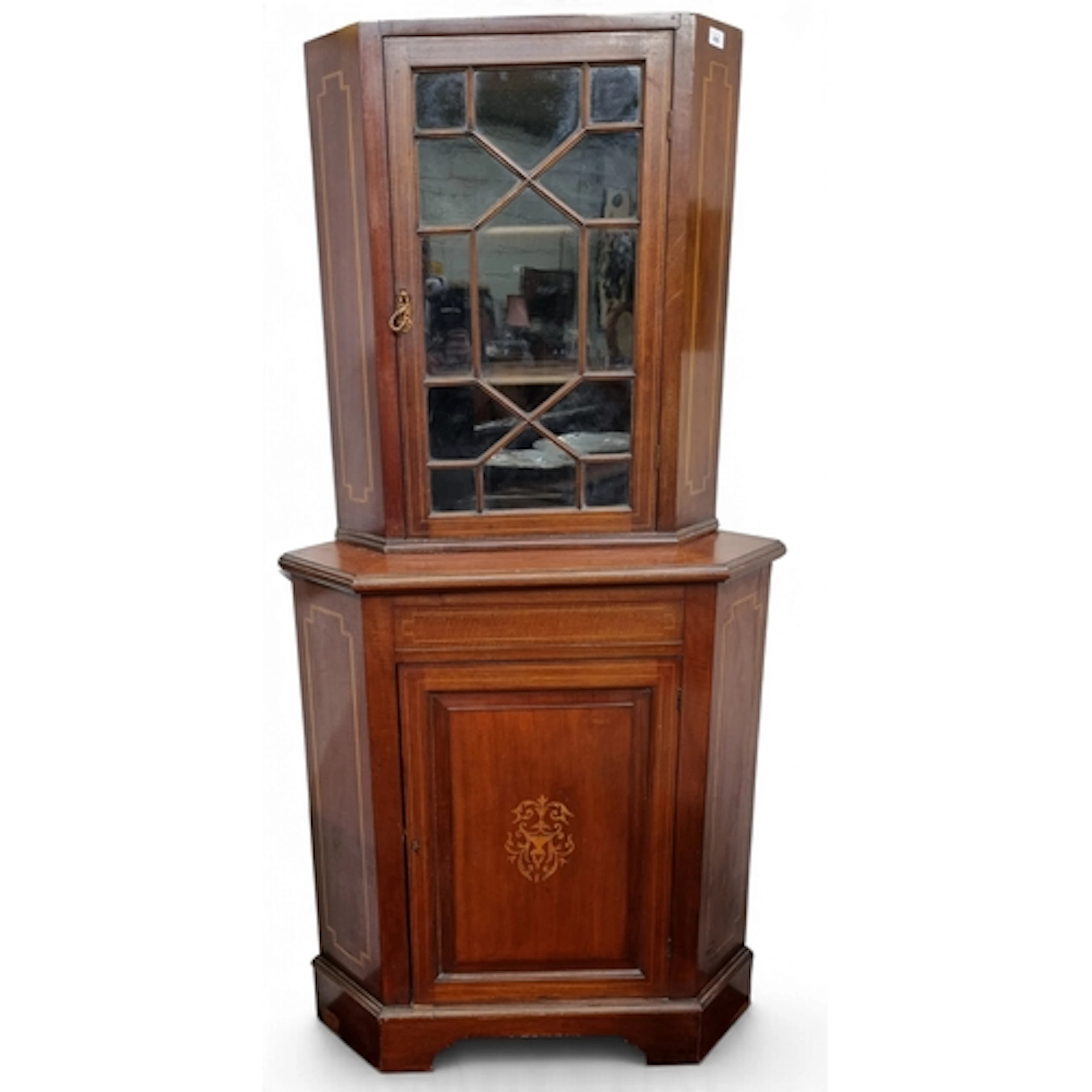 An Edwardian Mahogany and Inlaid Corner Unit with astragal g...