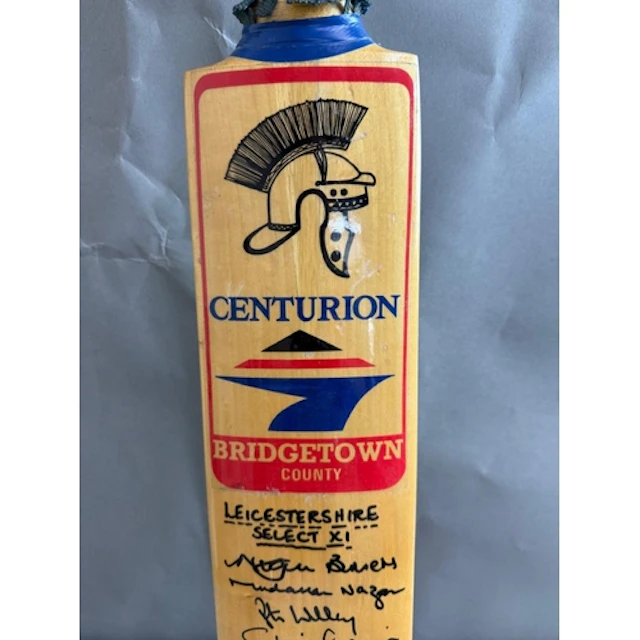 A Centurion Bridgetown cricket bat signed by the Leicestersh...