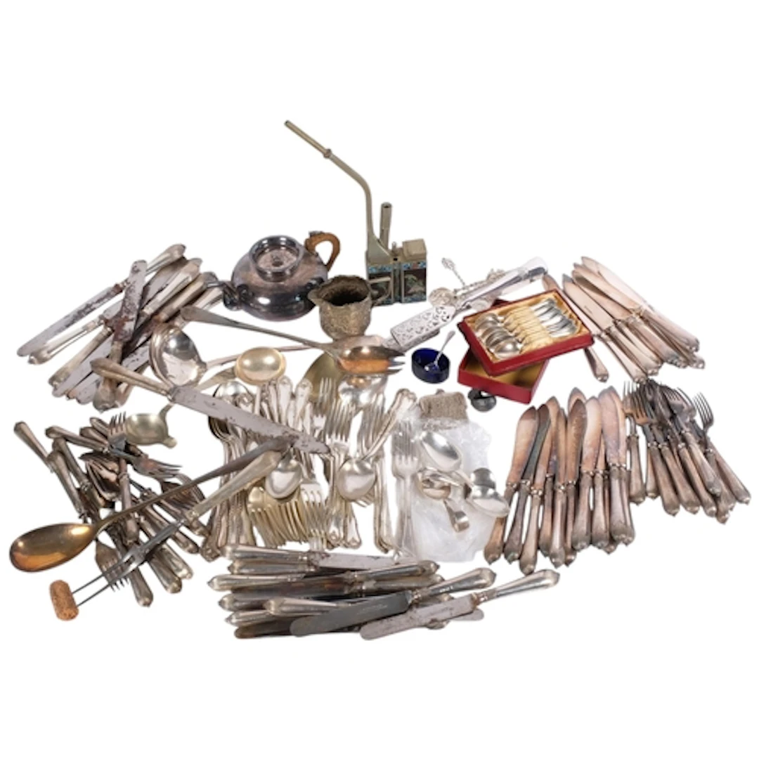 A box containing a large variety of silver plated items, inc...