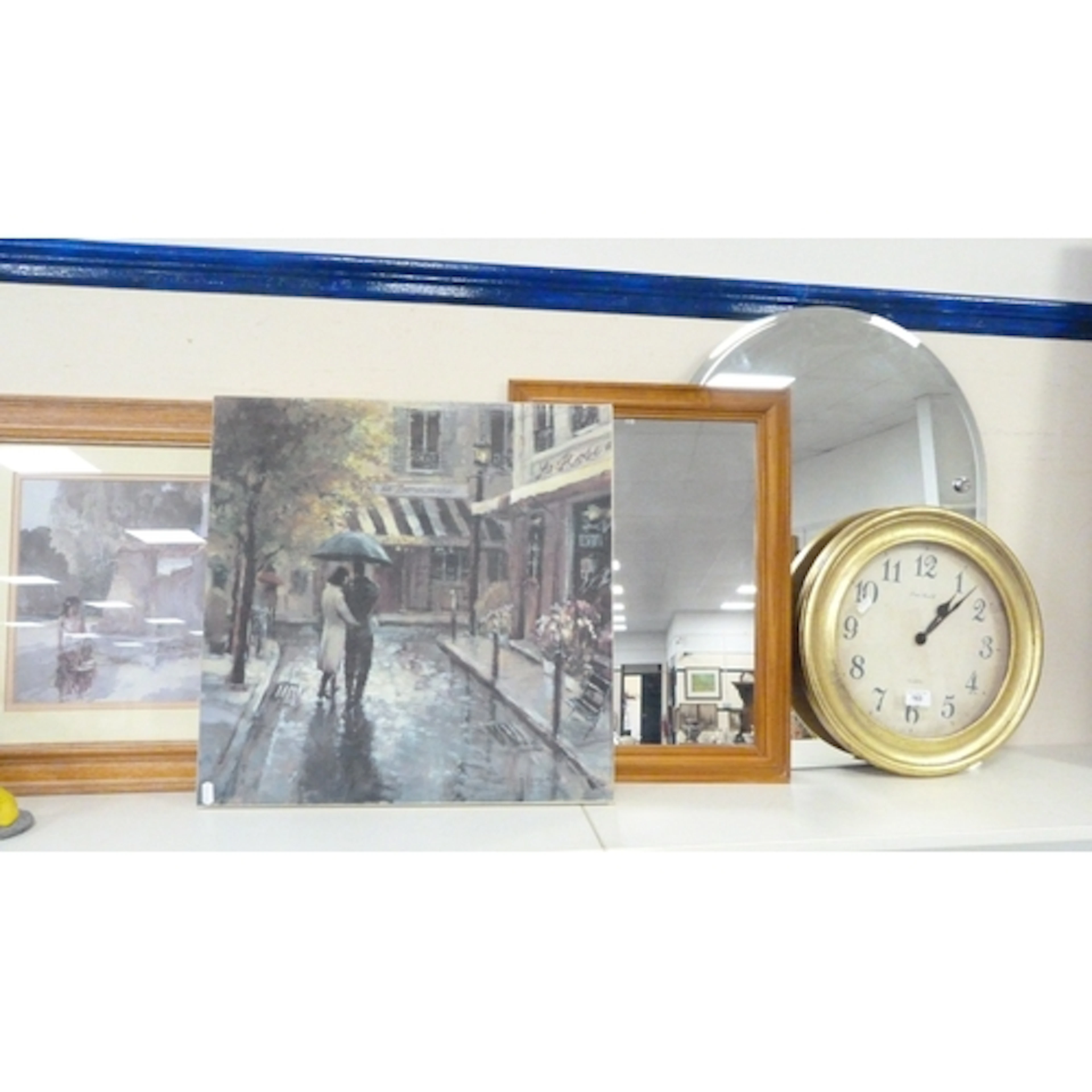 Quartz wall clock, frameless wall mirror, another, a framed ...